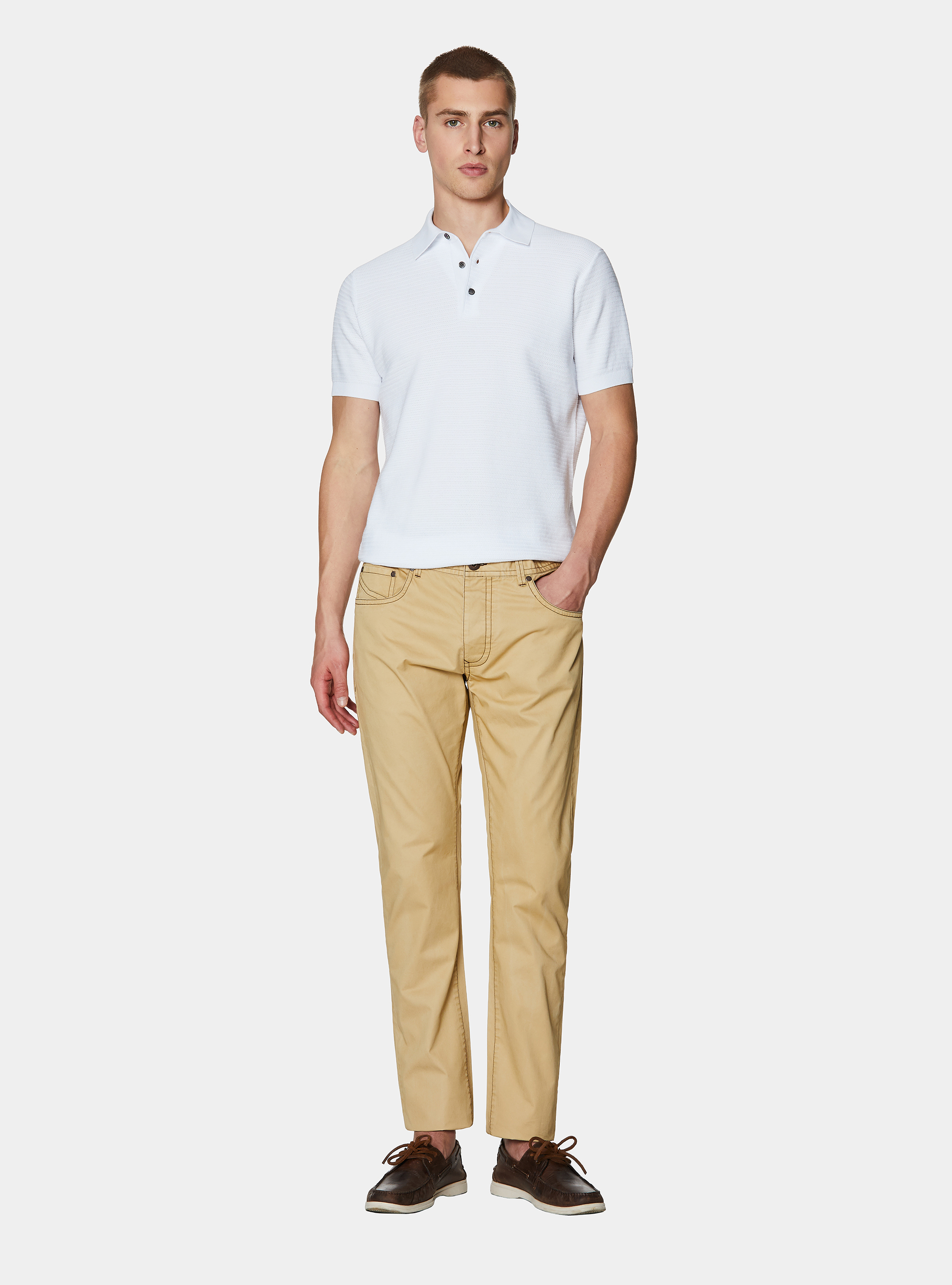 Textured cotton knit polo shirt, WHITE