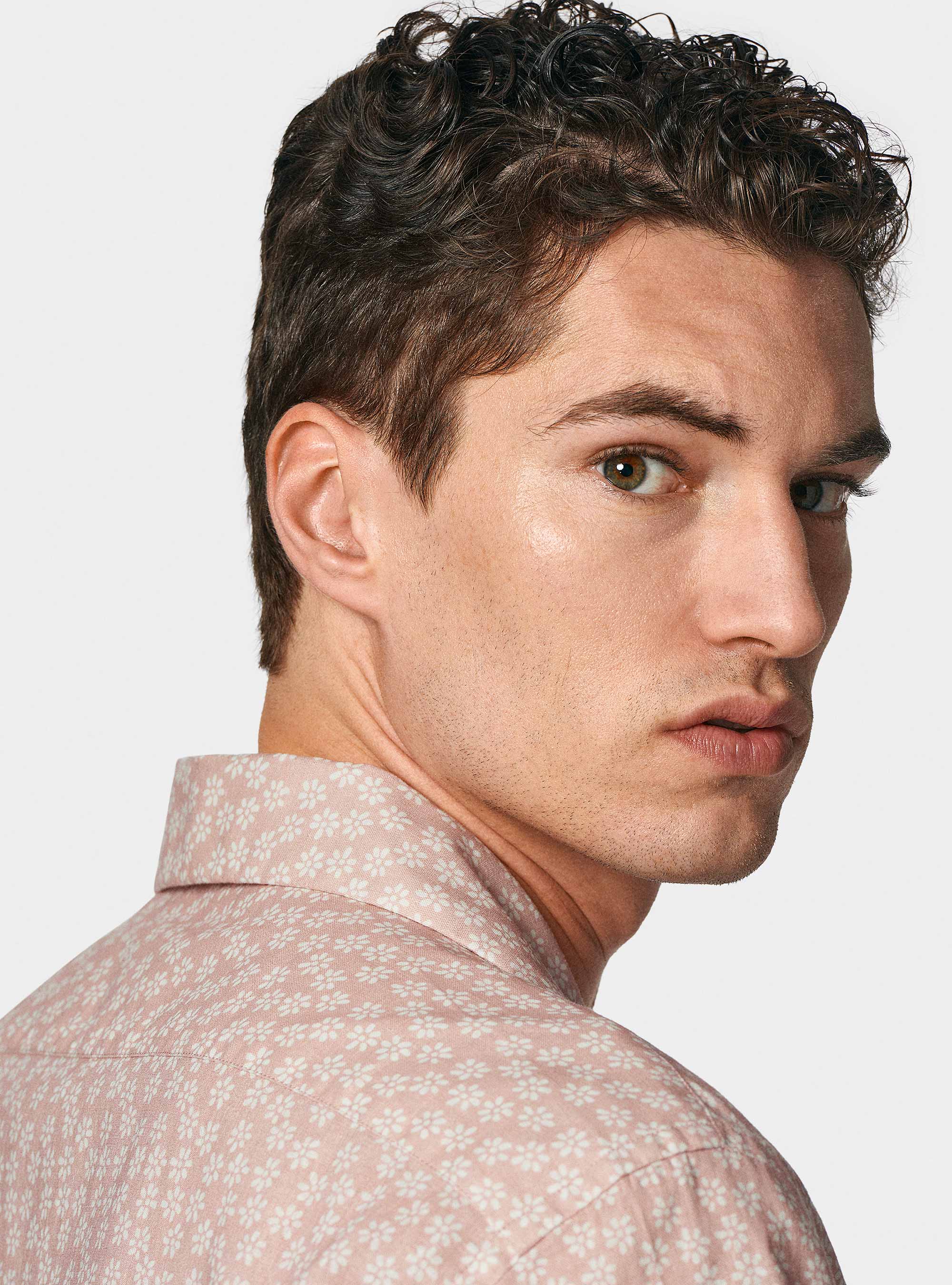 Camicia bowling in lino e cotone stampato, ROSA CHIARO 0466C