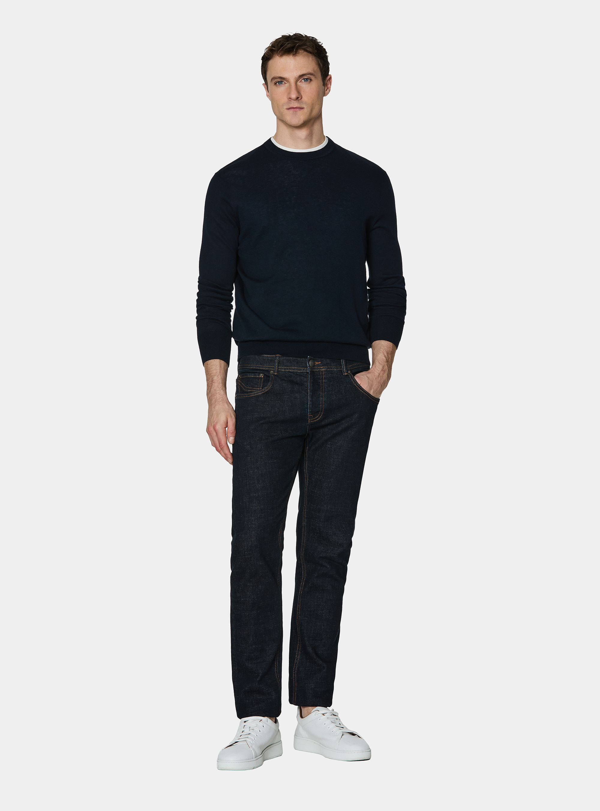 Maglia girocollo in cotone seta e cashmere, BLU NAVY