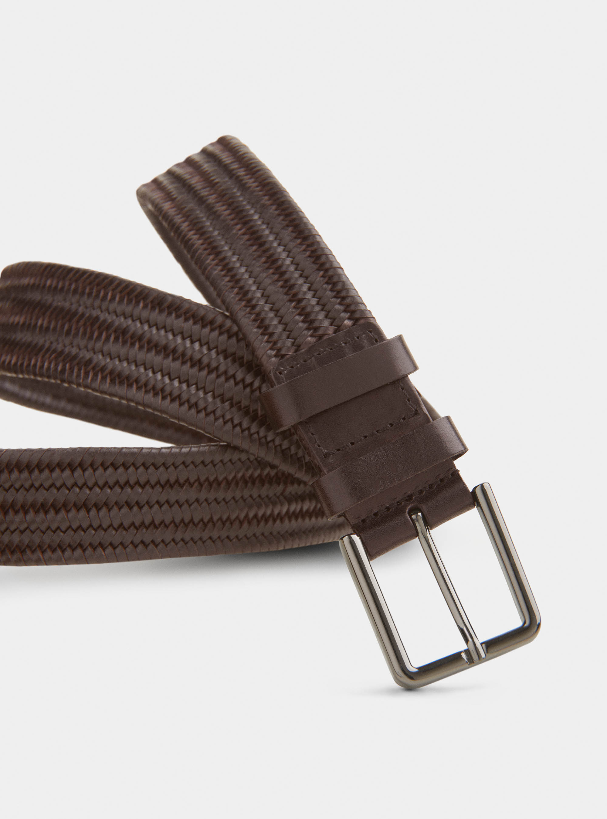 Cintura in pelle intrecciata stretch, MARRONE