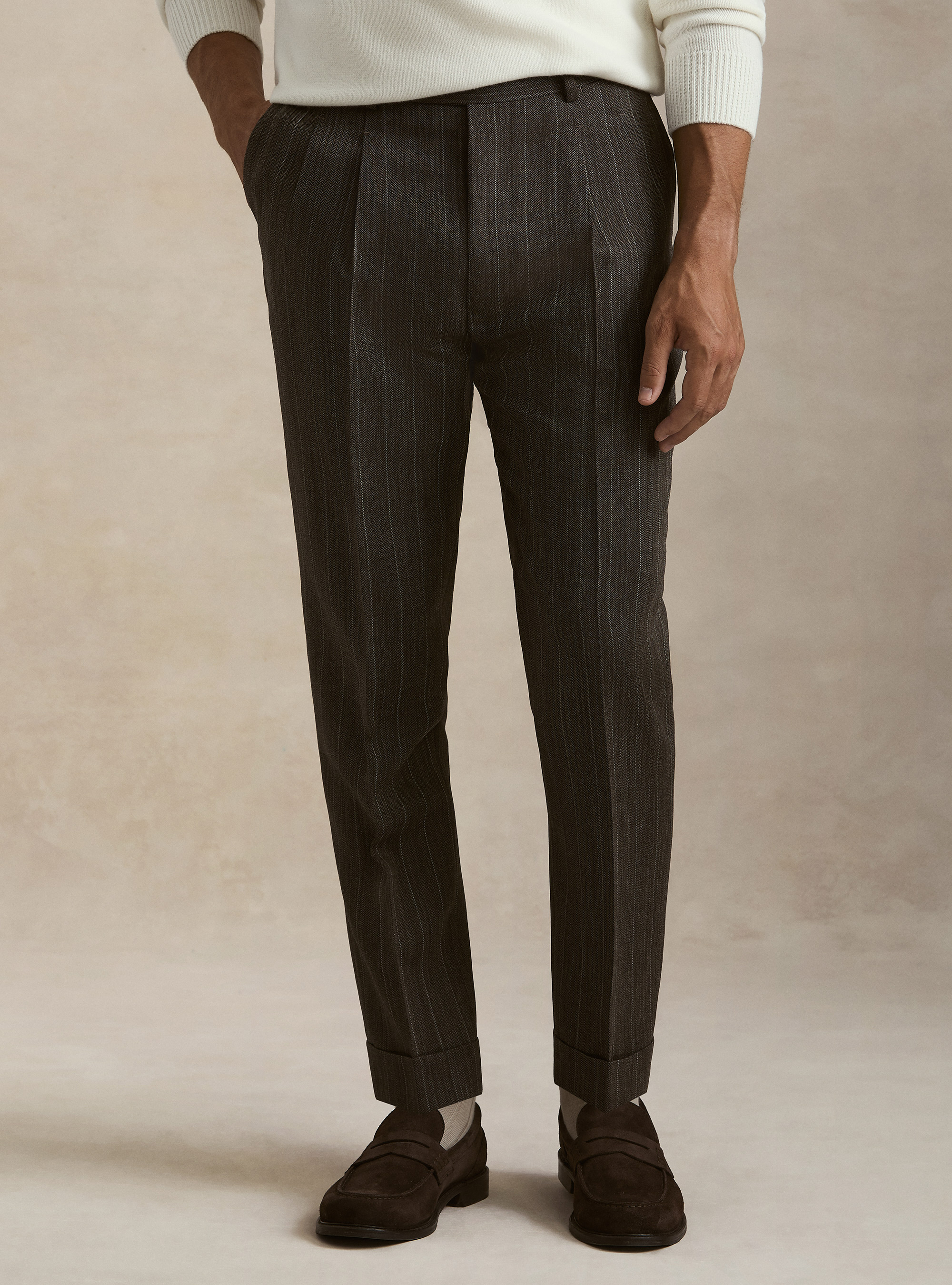 Herringbone pure wool pleated trousers, BROWN