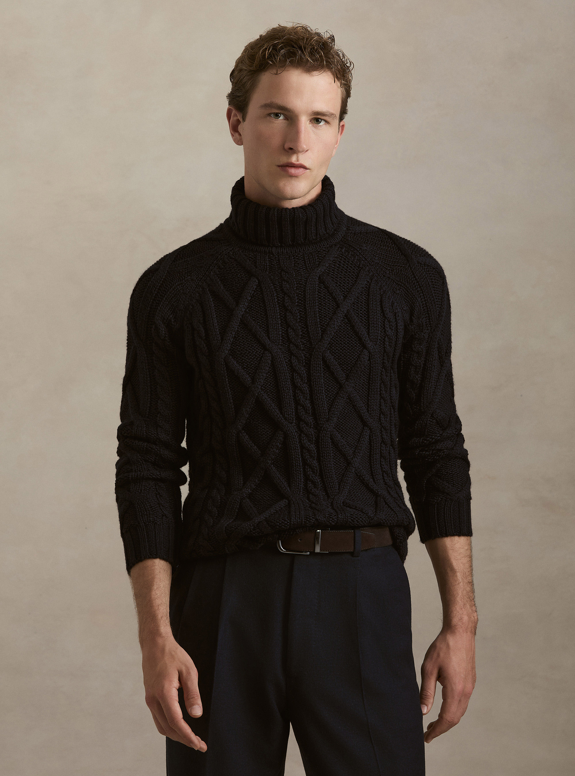 Cable Knit Wool Blend Turtleneck, NAVY BLUE
