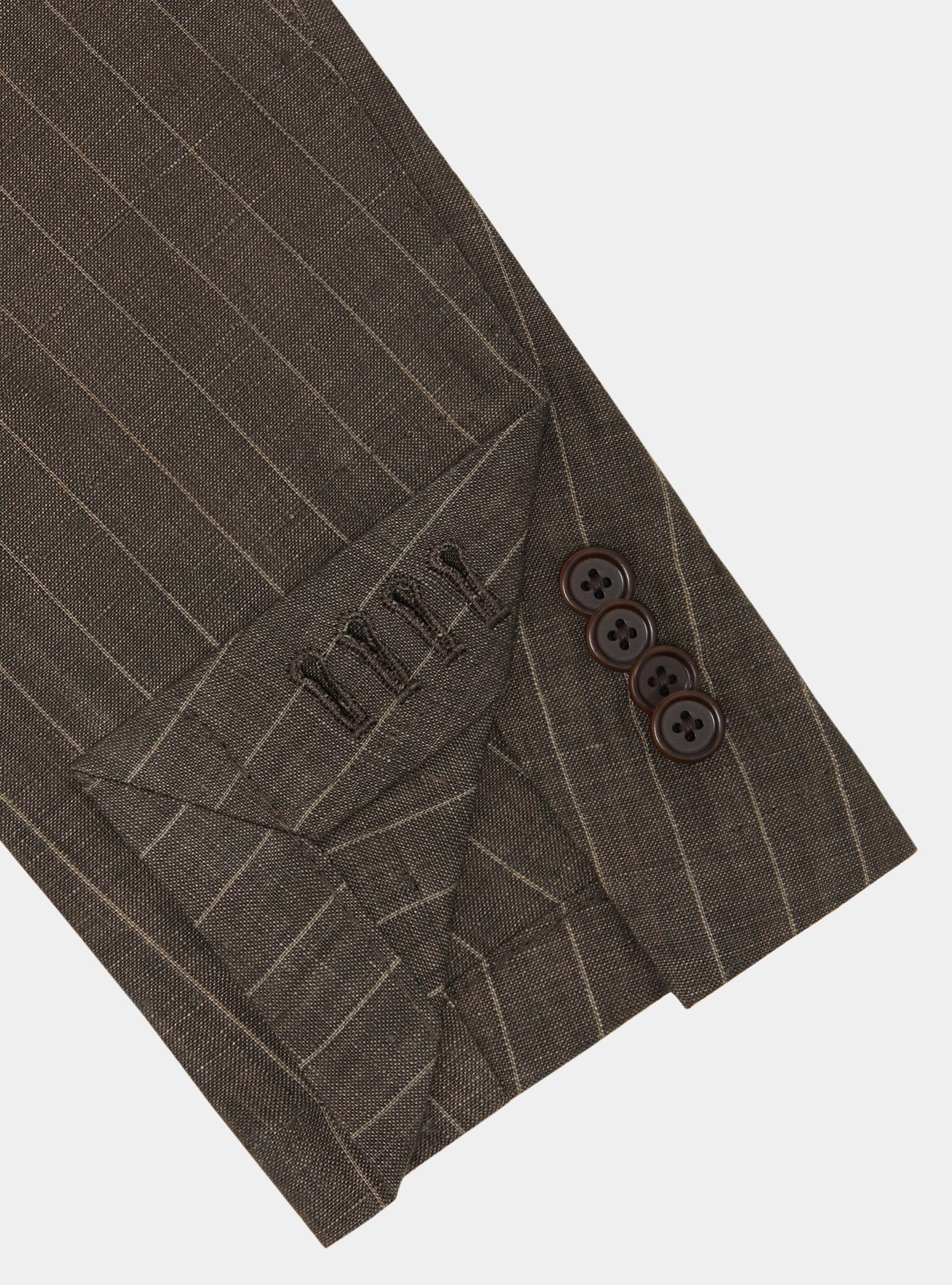 Double-breasted pinstripe suit blazer in delav&eacute; linen, BROWN