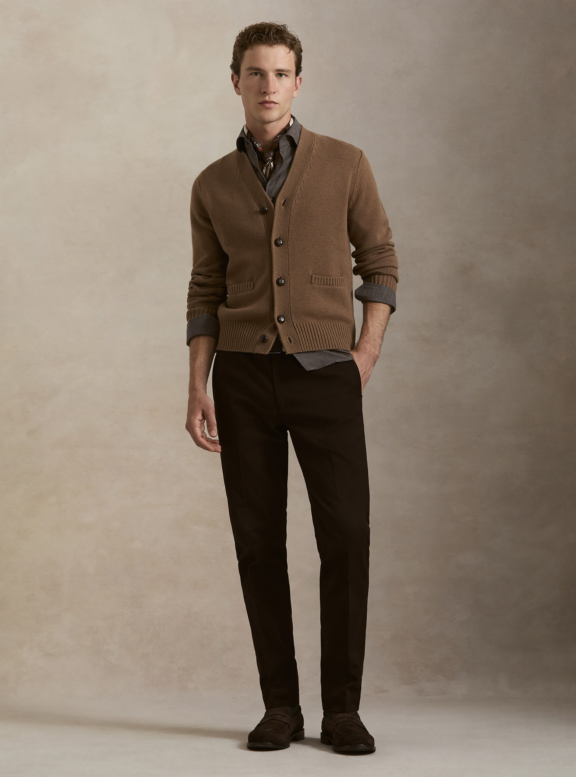 Button-up wool and cashmere cardigan, HAZELNUT