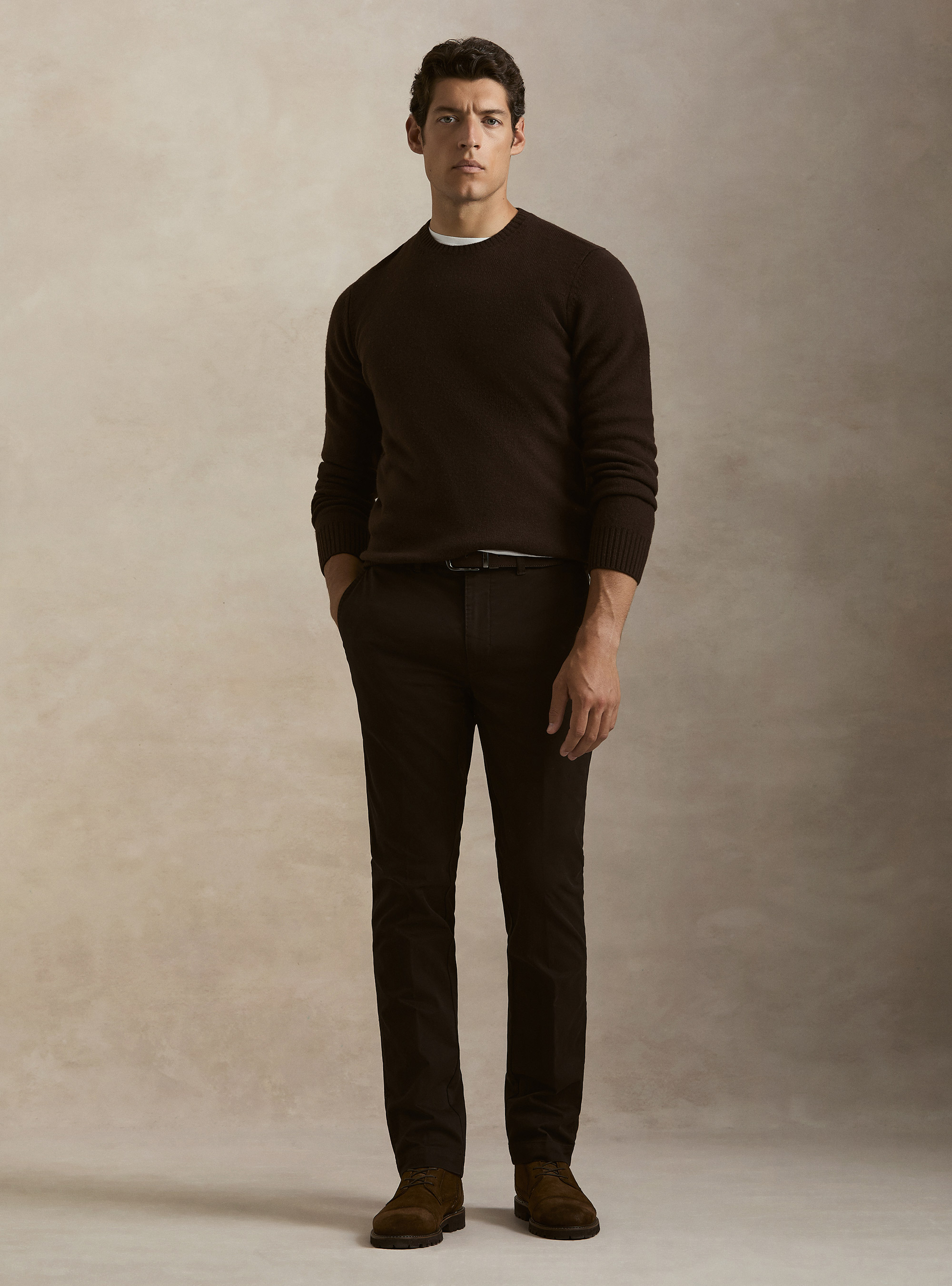 Maglia girocollo in misto lana e cashmere, MARRONE