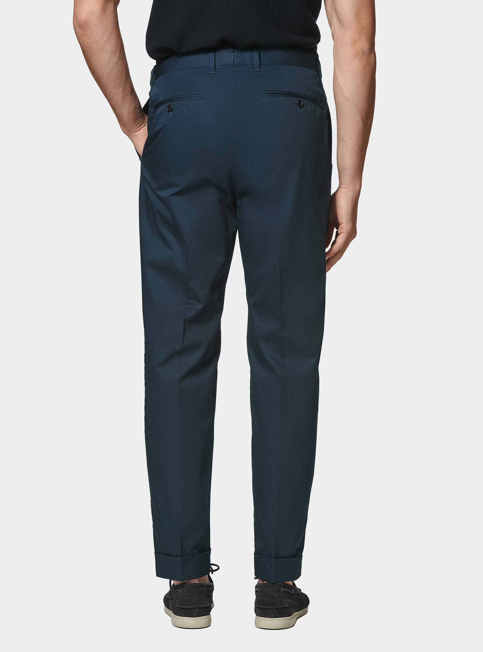 Pantaloni con pince in cotone popeline, BLU NAVY