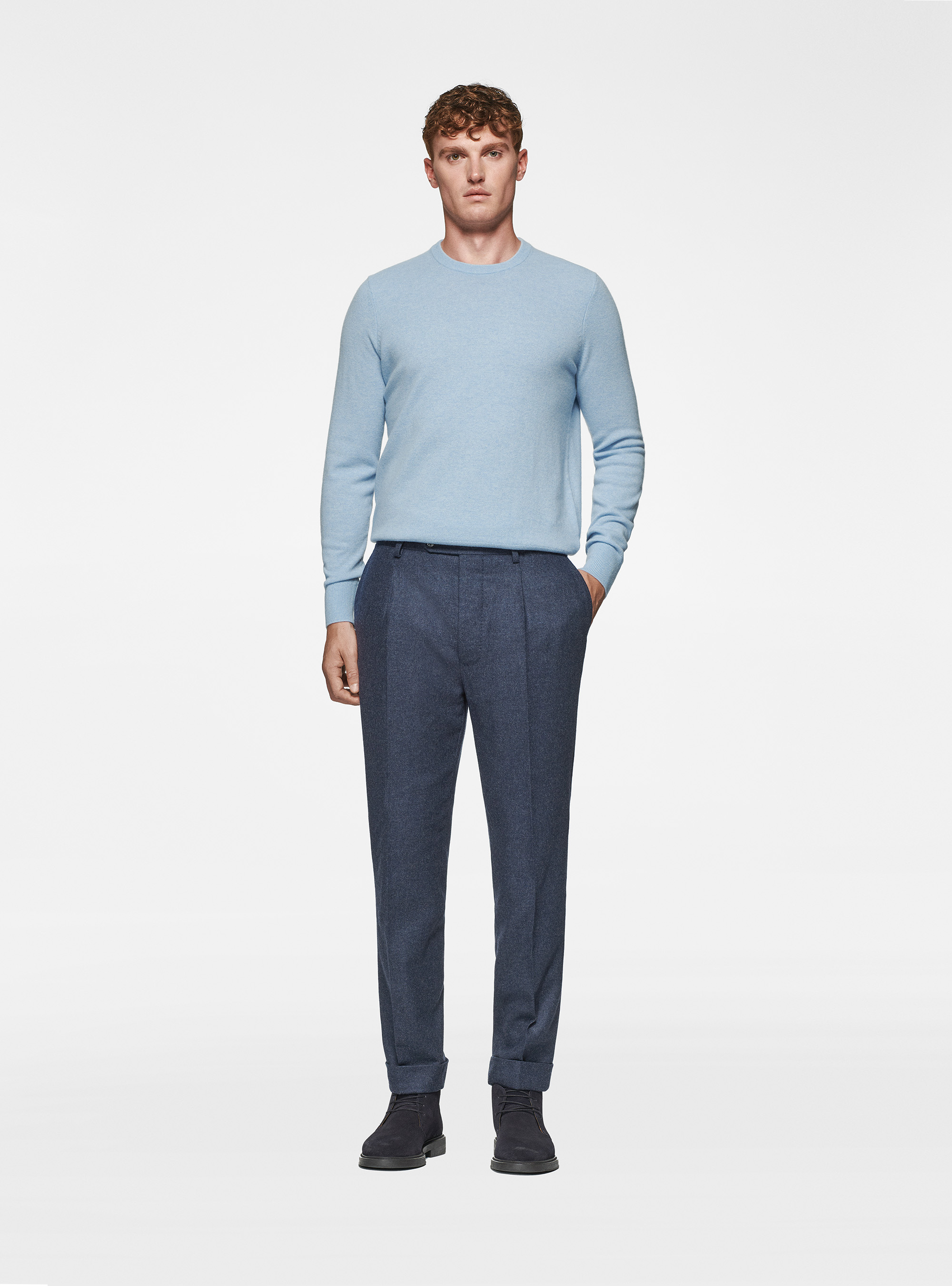 Maglia girocollo in lambswool e cashmere, AZZURRO POLVERE 0283C