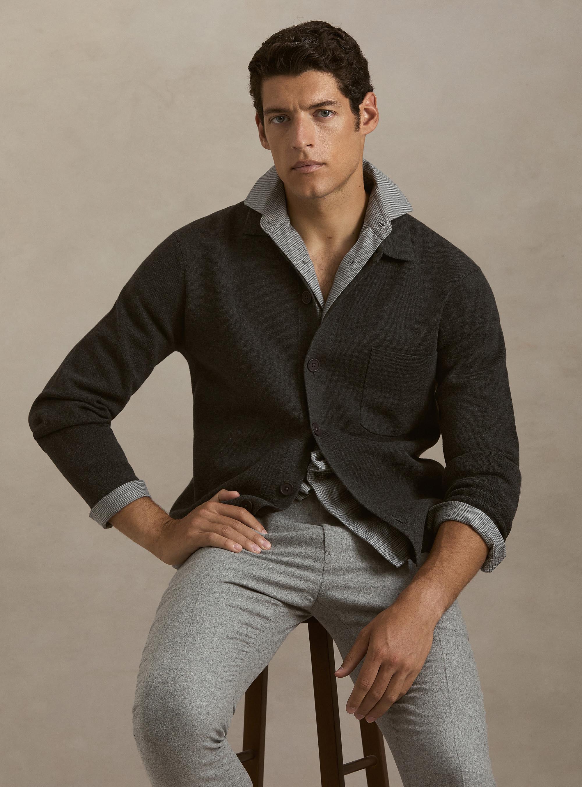 Cardigan in maglia di misto cotone con colletto, GRIGIO SCURO 0125C