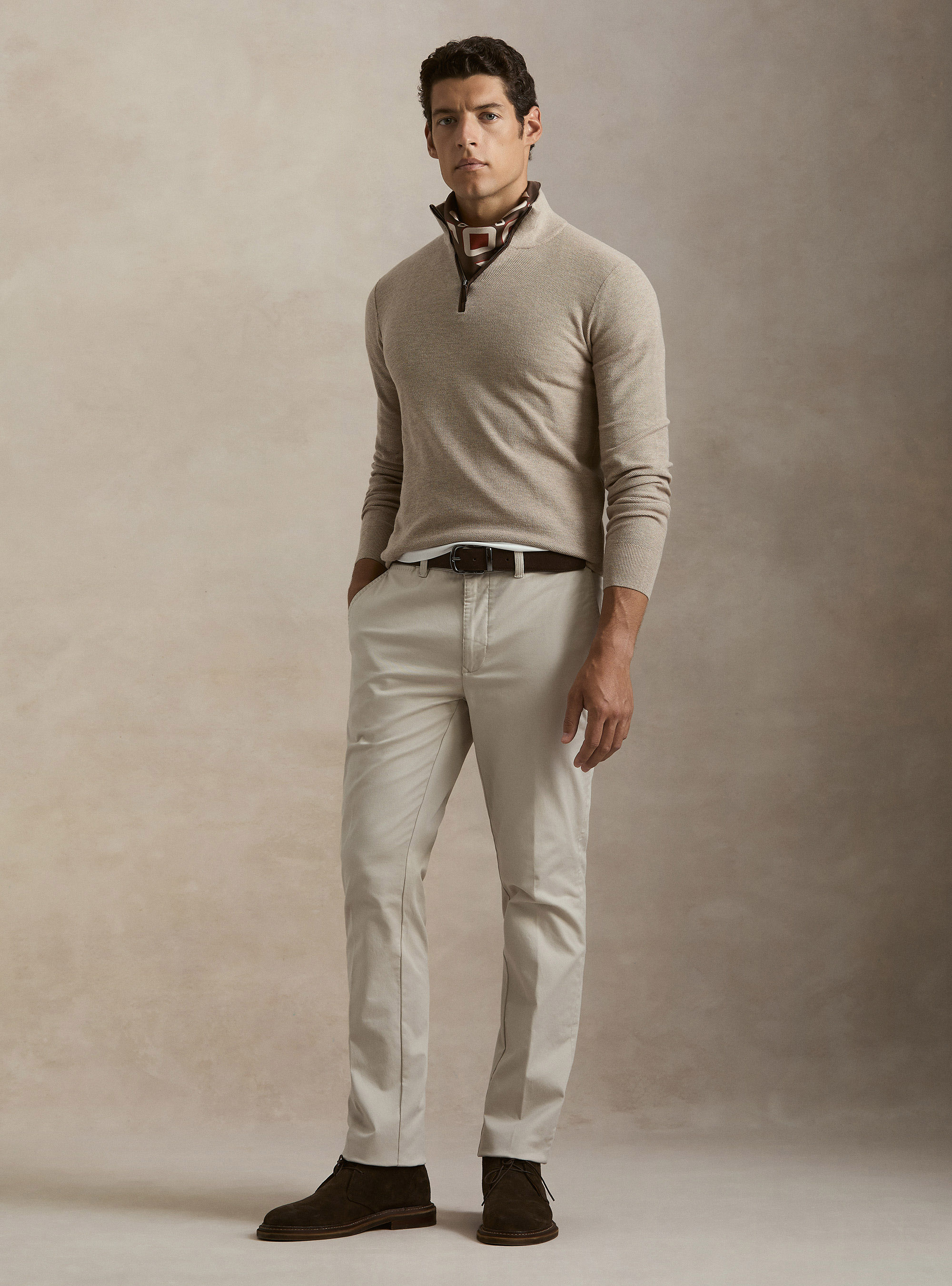 Half-Zip-Pullover aus Baumwolle und Kaschmir mit Wabenstruktur, ECRU 0560C
