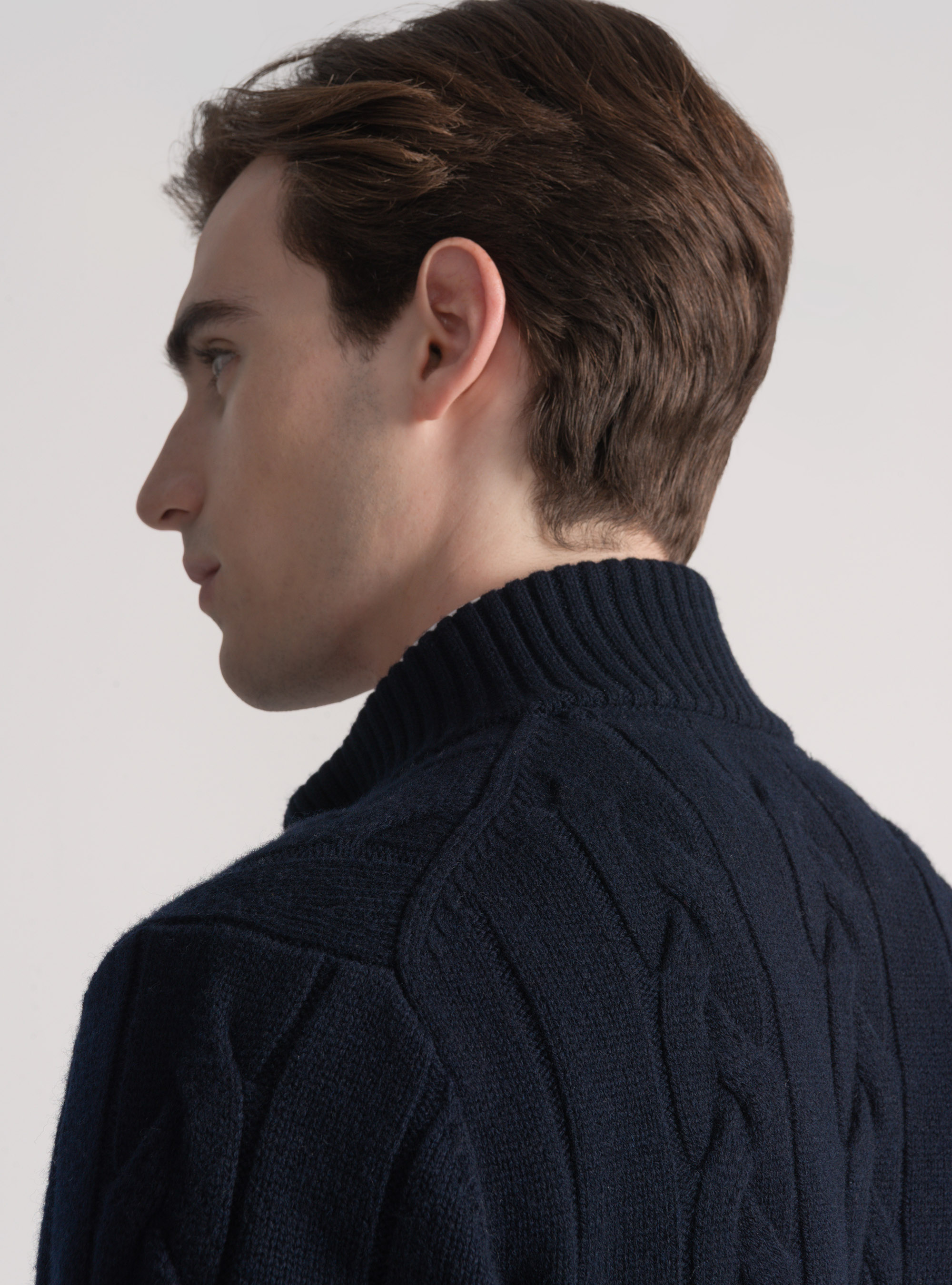 Maglia con zip e treccia in lana cashmere, BLU NAVY