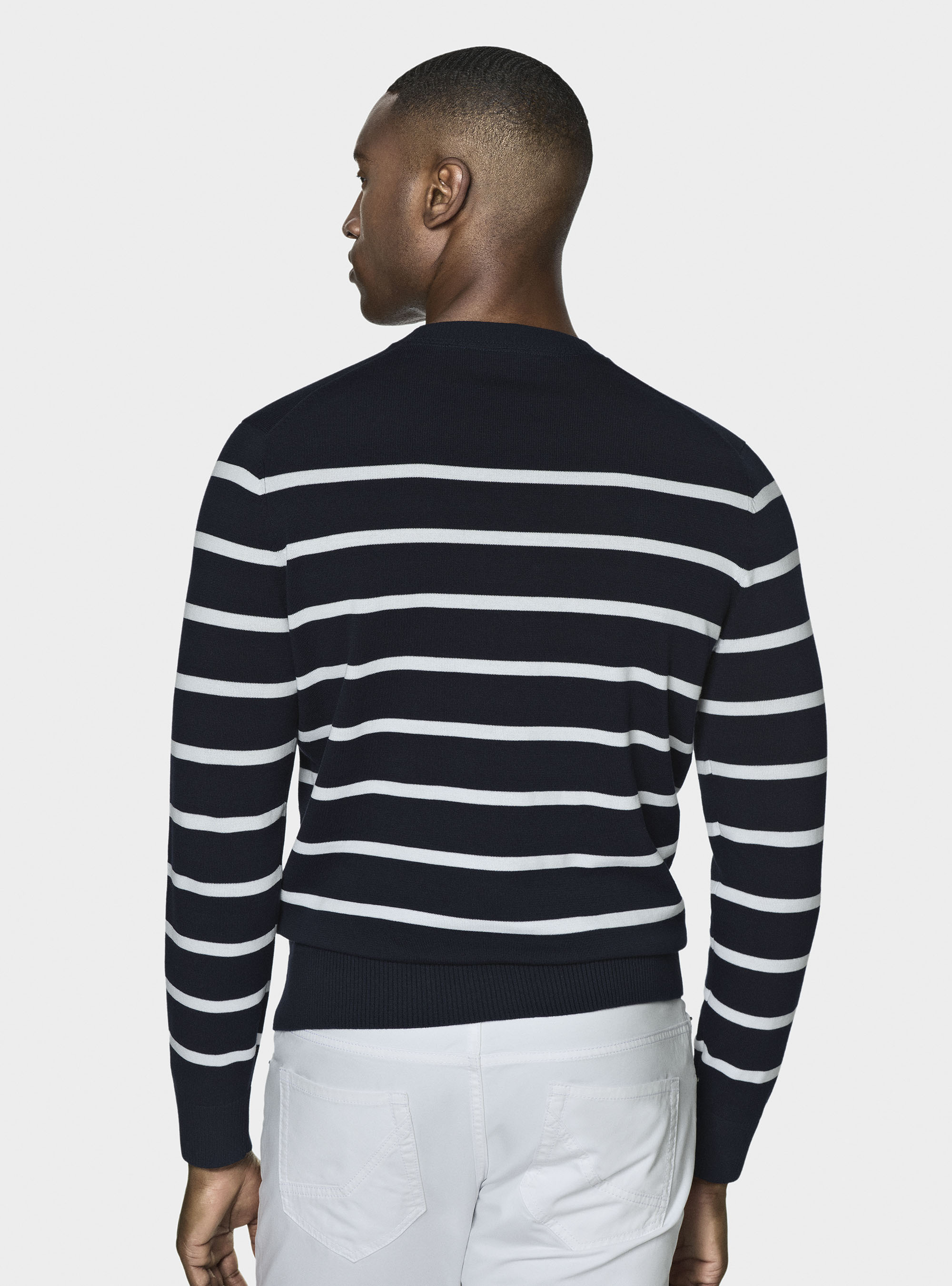 Pullover mit Rundhalsausschnitt aus extrafeiner gestreifter Baumwolle, NAVY 0218C