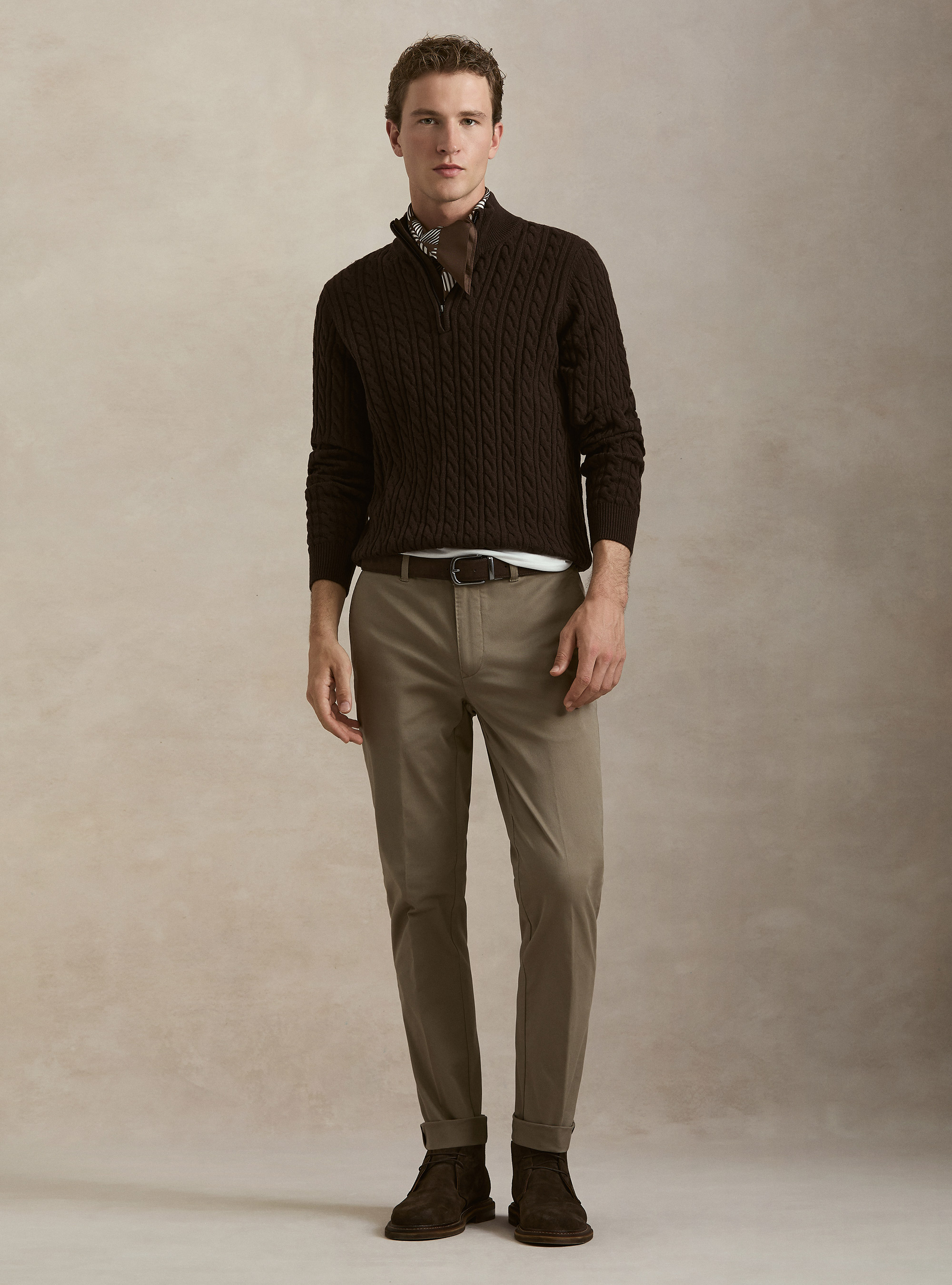Maglia collo mock con trecca in misto lana, MARRONE