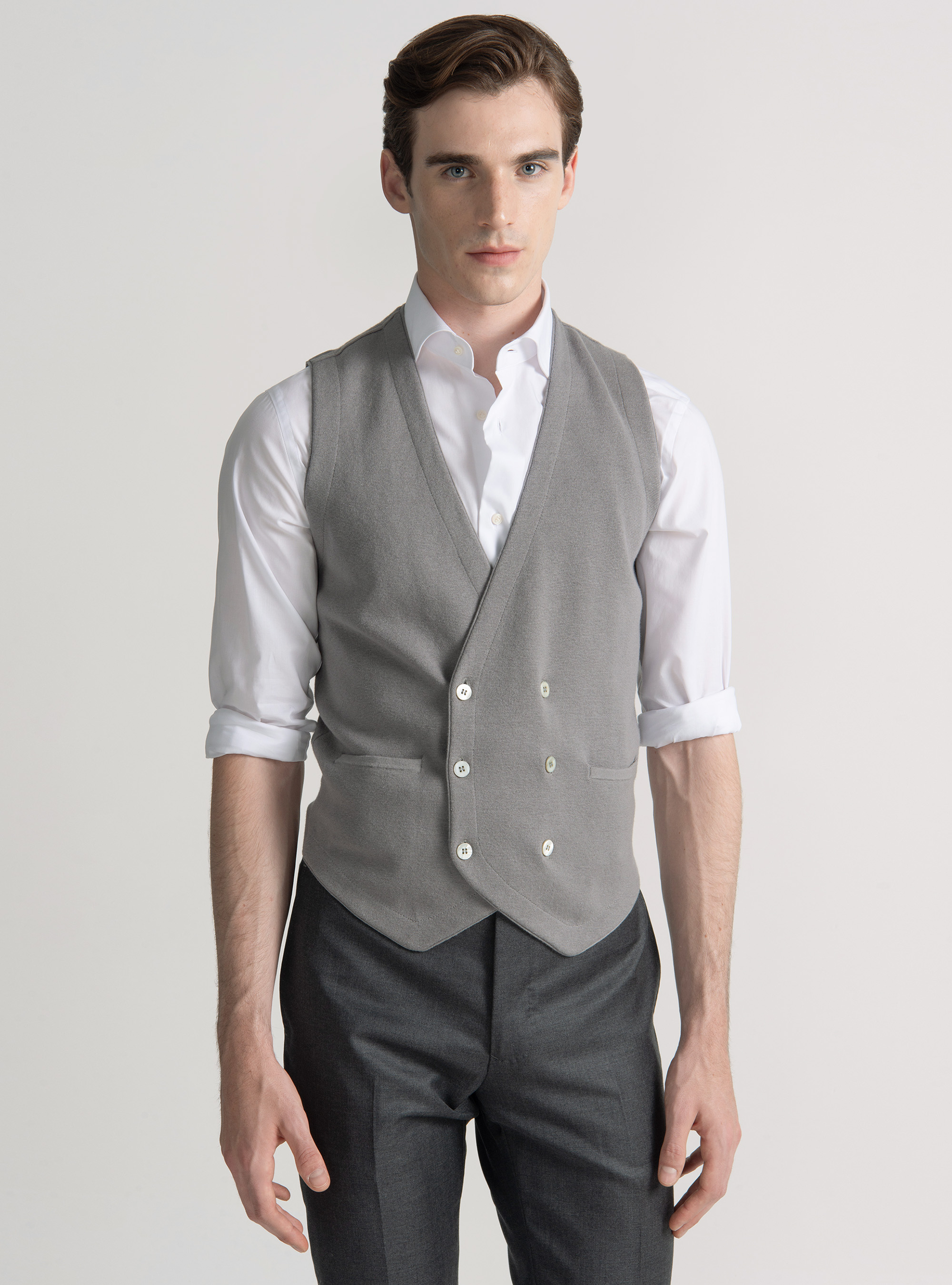 Gilet doppiopetto in maglia di cotone e cashmere, GRIGIO CHIARO