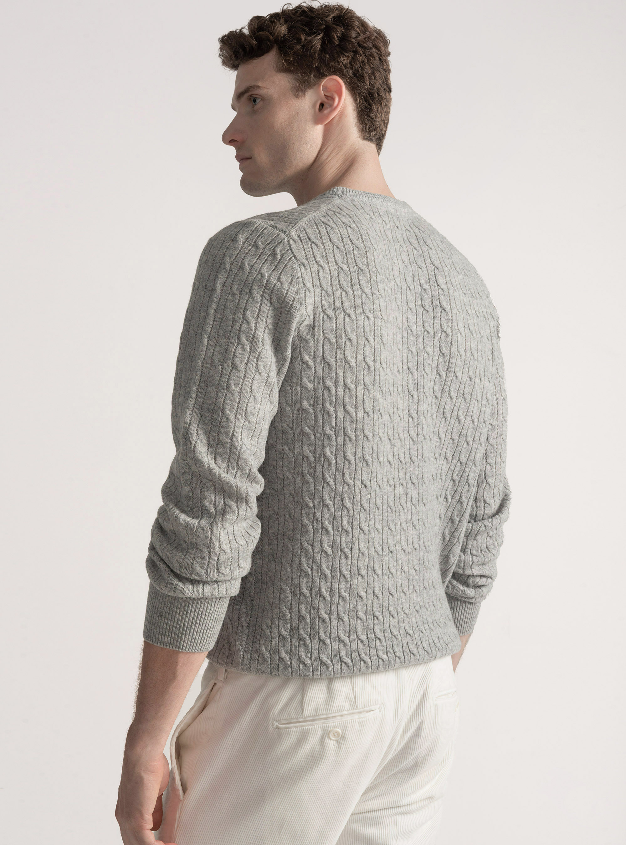 Maglia girocollo con treccia in lana e cashmere, GRIGIO CHIARO MELANGE