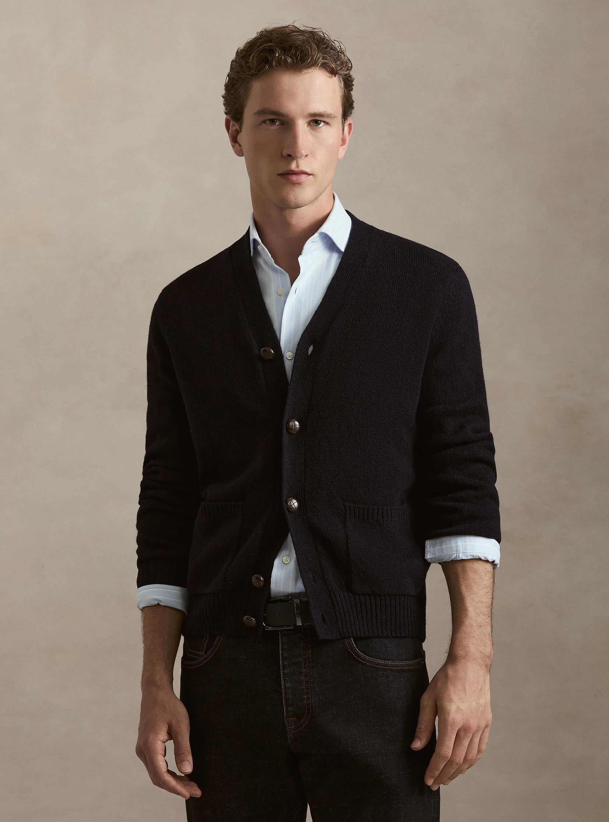 Shetland wool knitted cardigan, NAVY BLUE