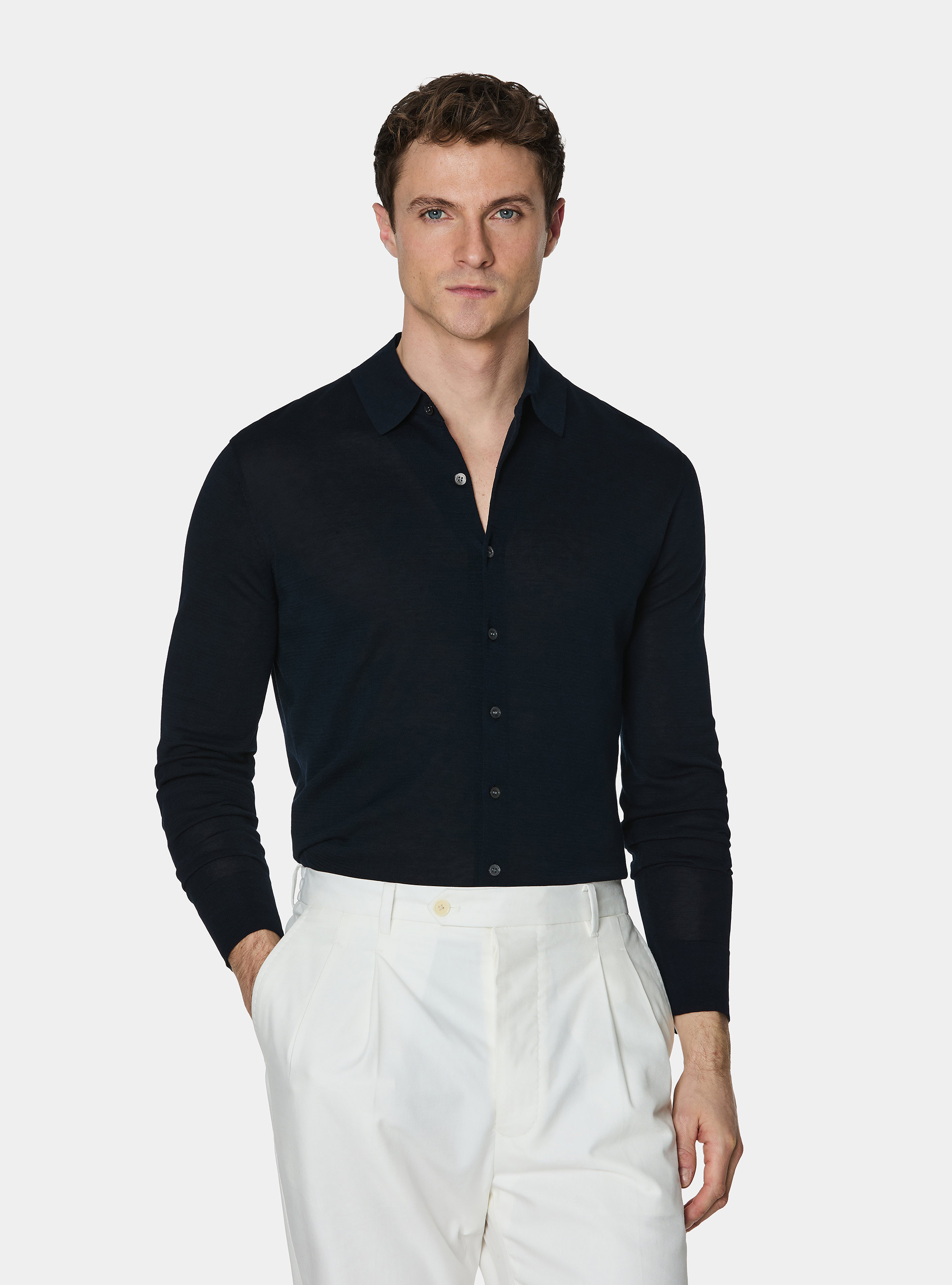 Cotton and silk polo shirt, NAVY BLUE