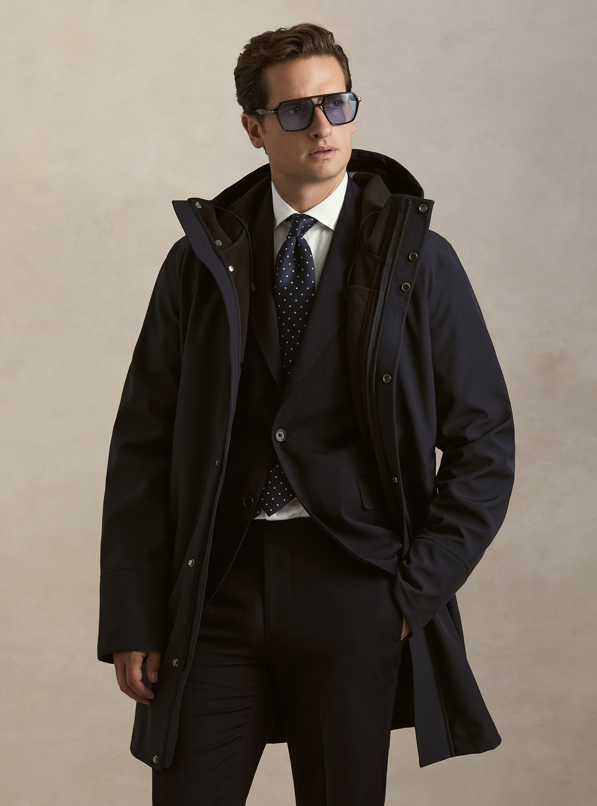 Long technical jacket with a hood, NAVY BLUE