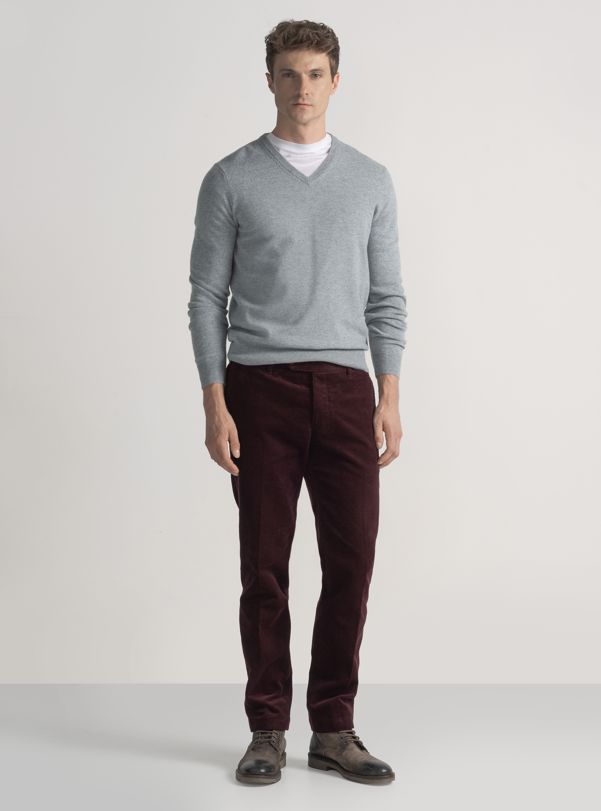 Merino wool V-neck sweater, GRIGIO MELANGE 0151C