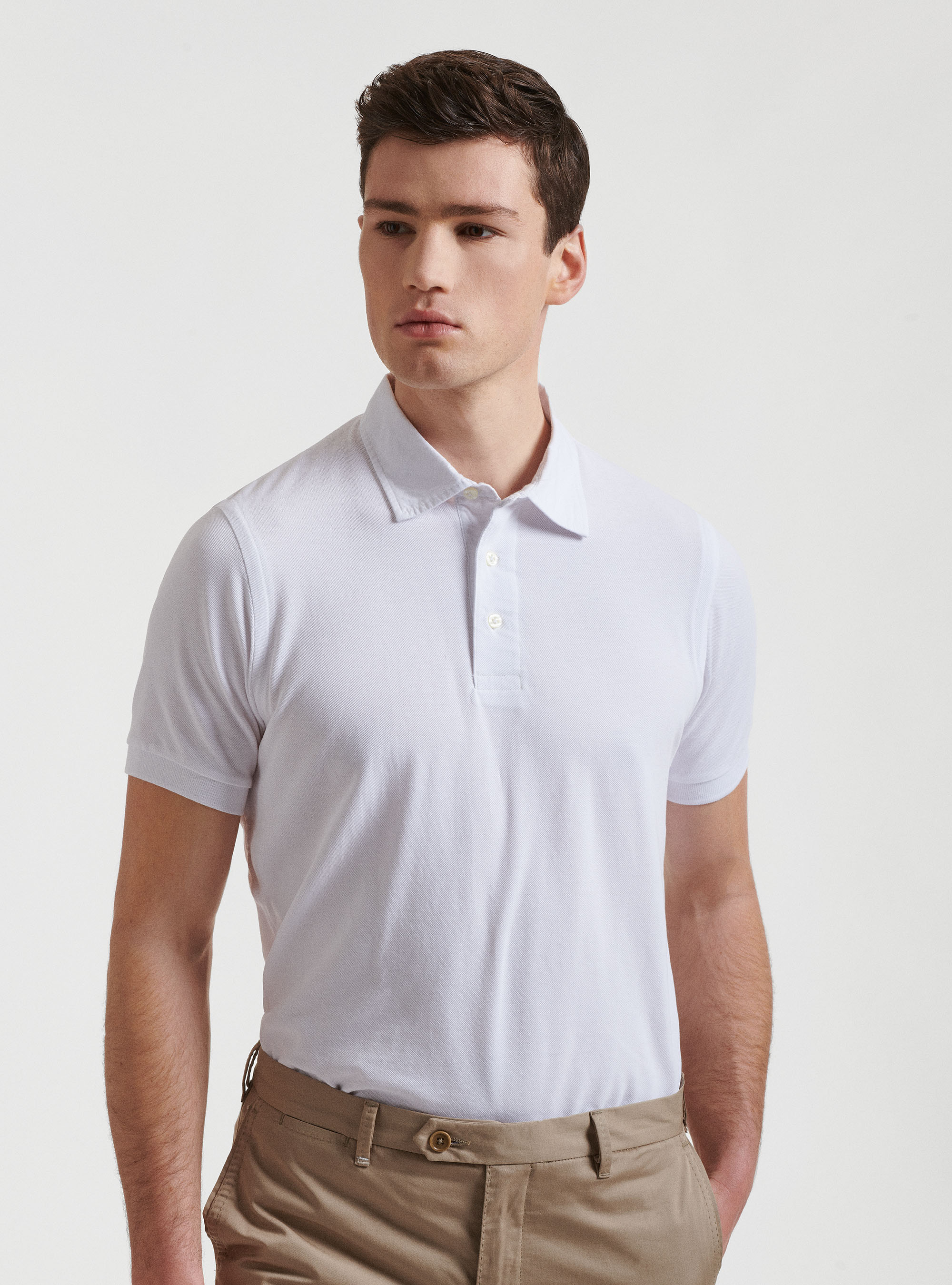 Polo in piquet con collo camicia, BIANCO