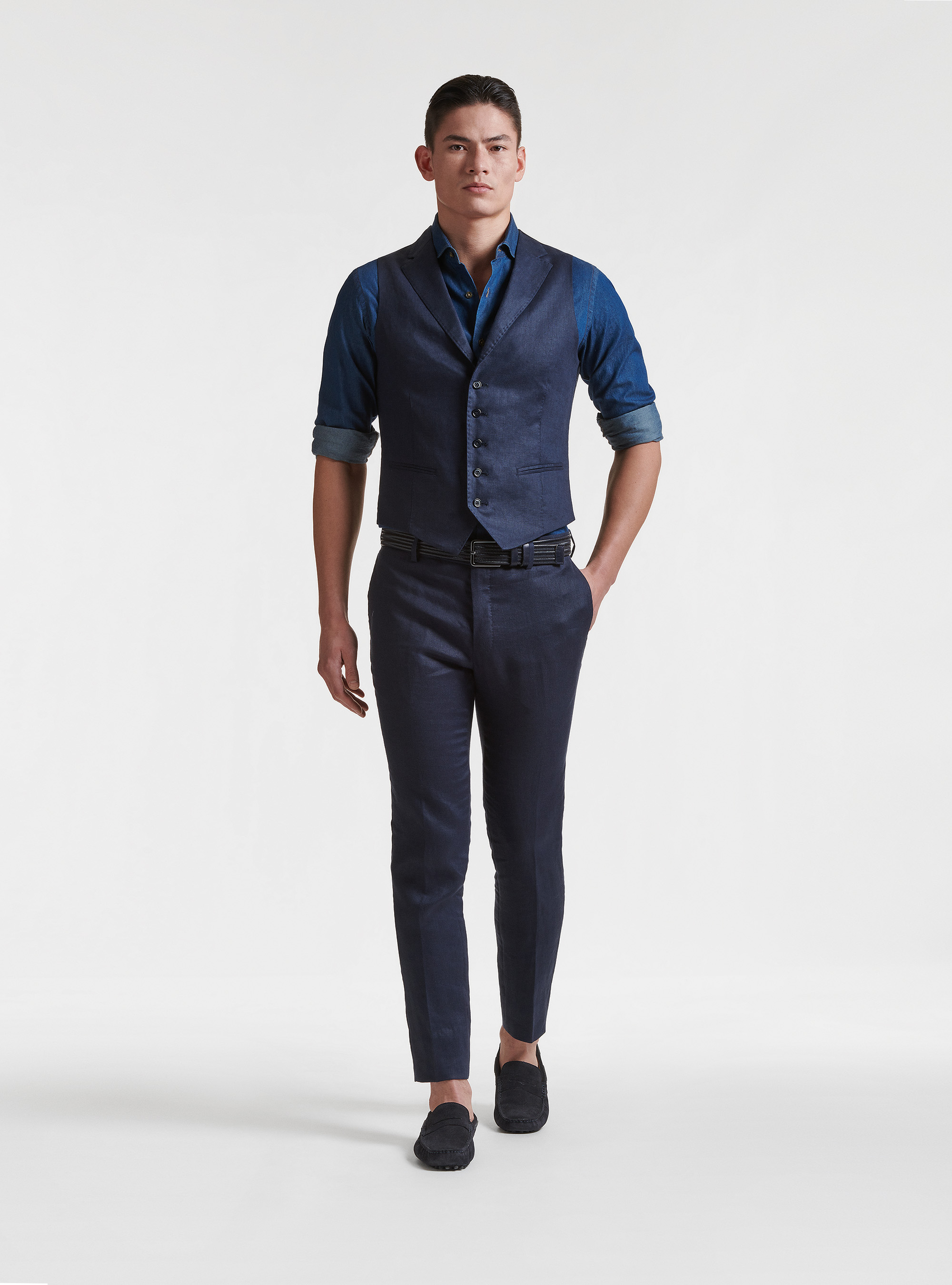 Pure linen single-breasted waistcoat with lapels, NAVY BLUE