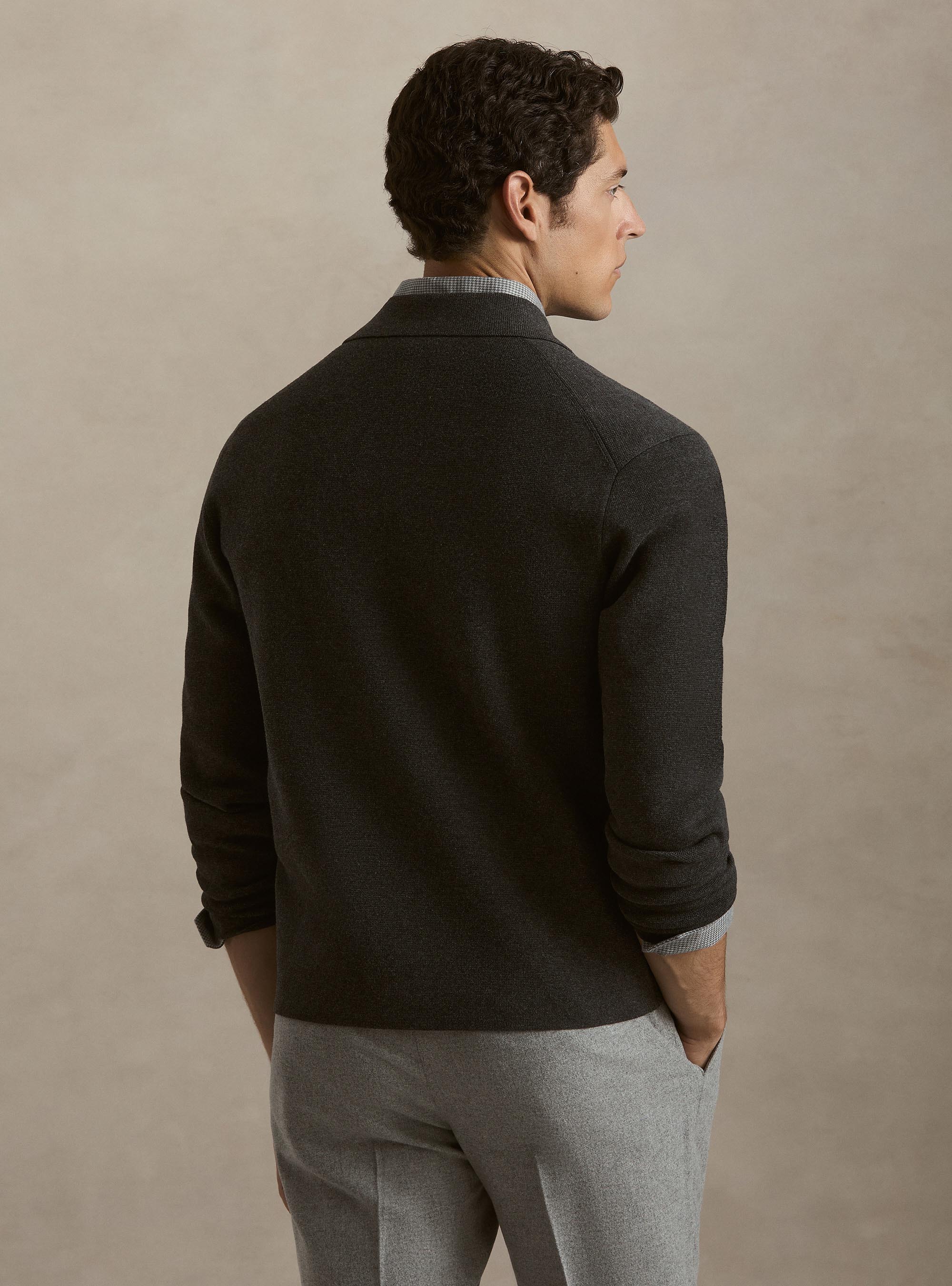 Cardigan in maglia di misto cotone con colletto, GRIGIO SCURO 0125C