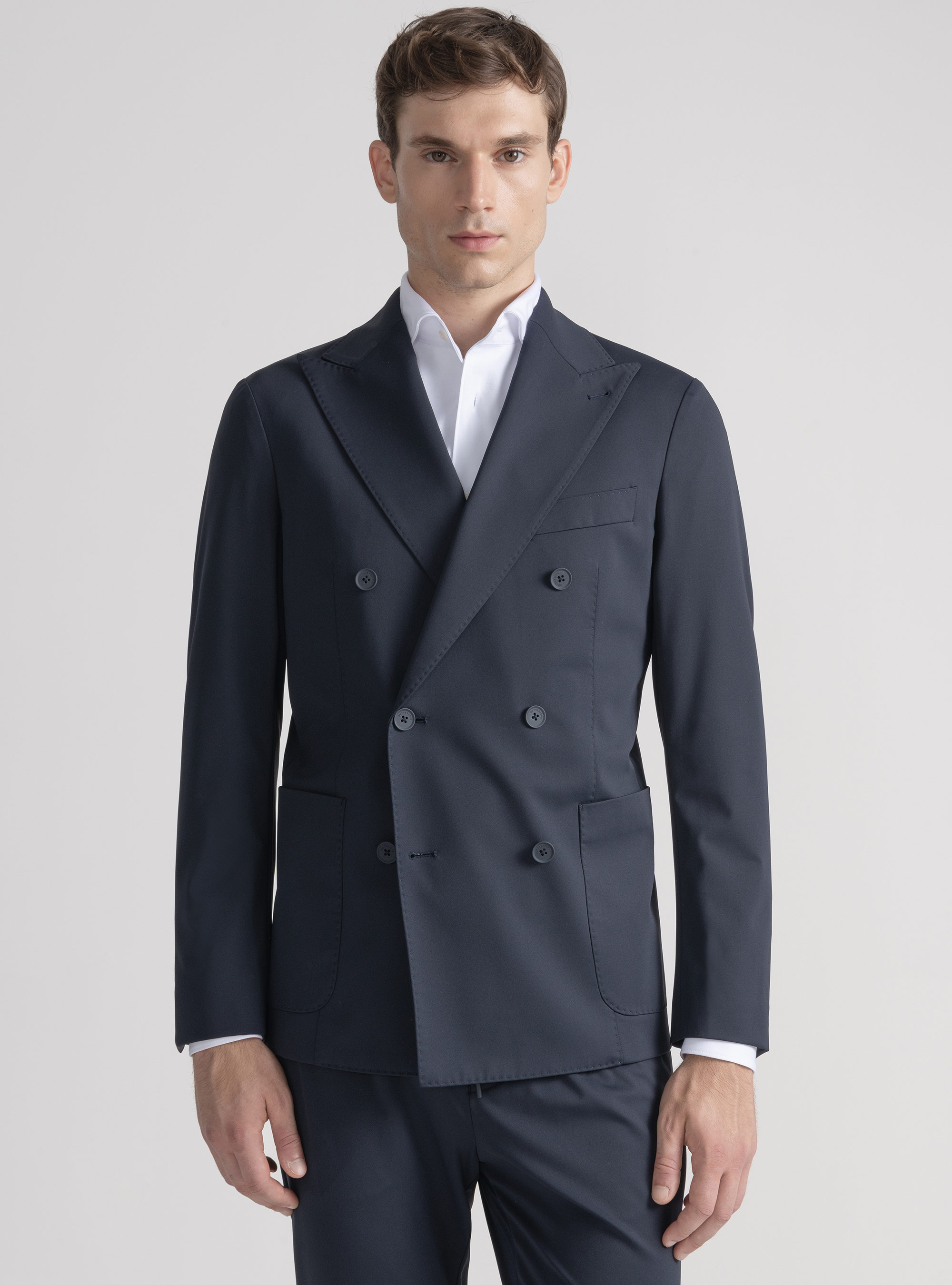 GT01 double-breasted blazer in stretch nylon, NAVY BLUE