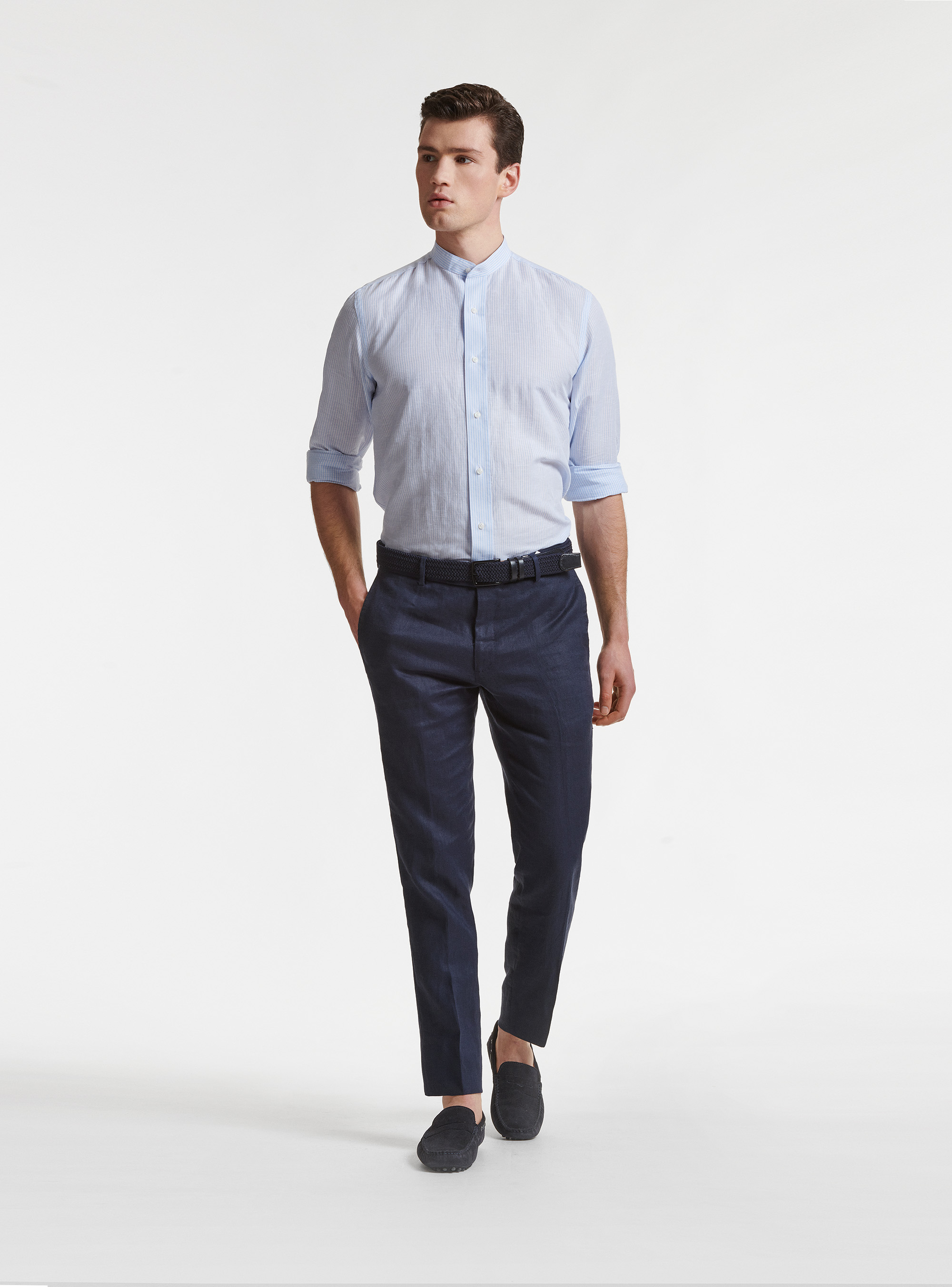 Camicia collo alla coreana in lino e cotone, AZZURRO