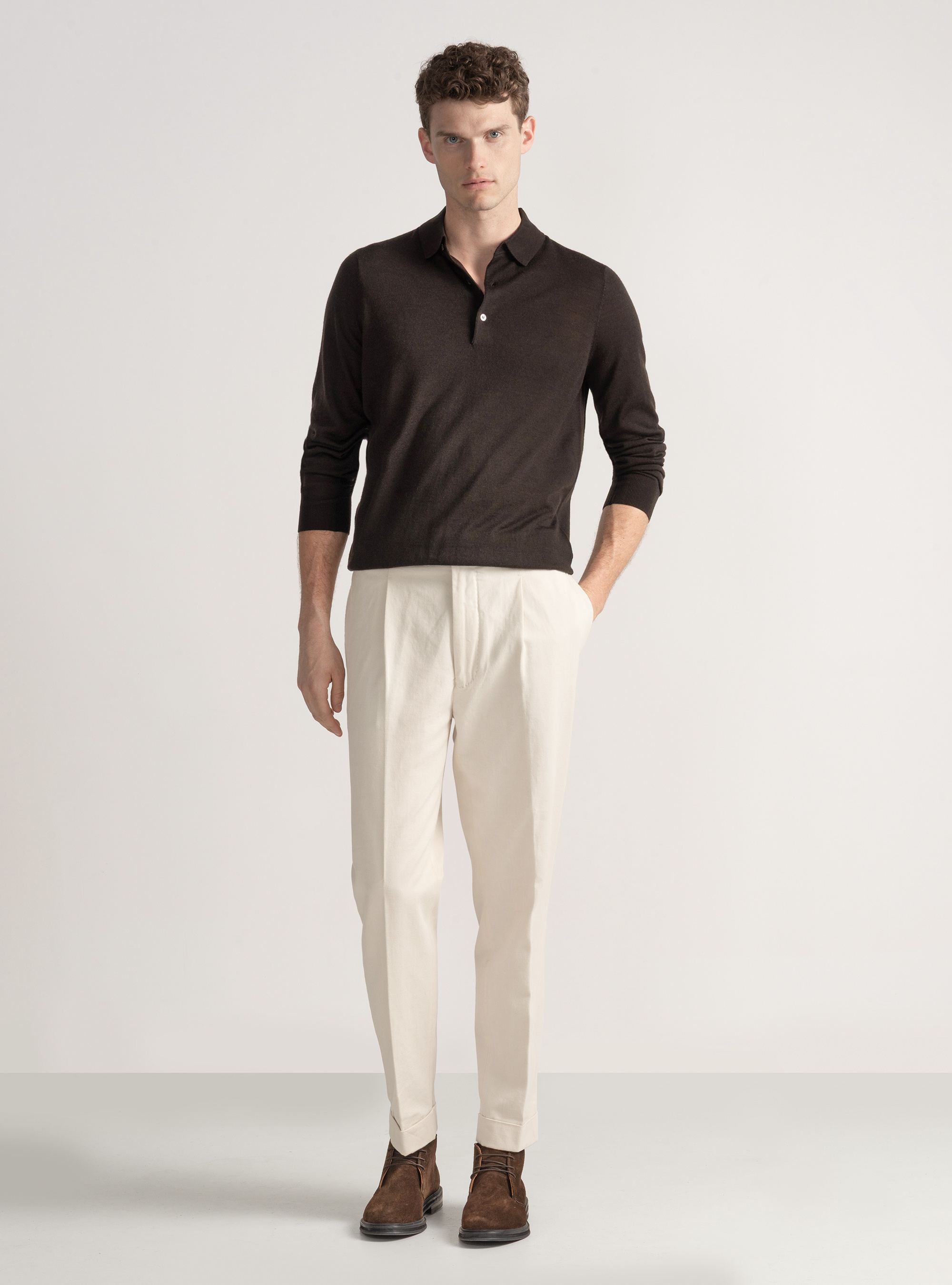 Extra-fine merino wool polo shirt, BROWN