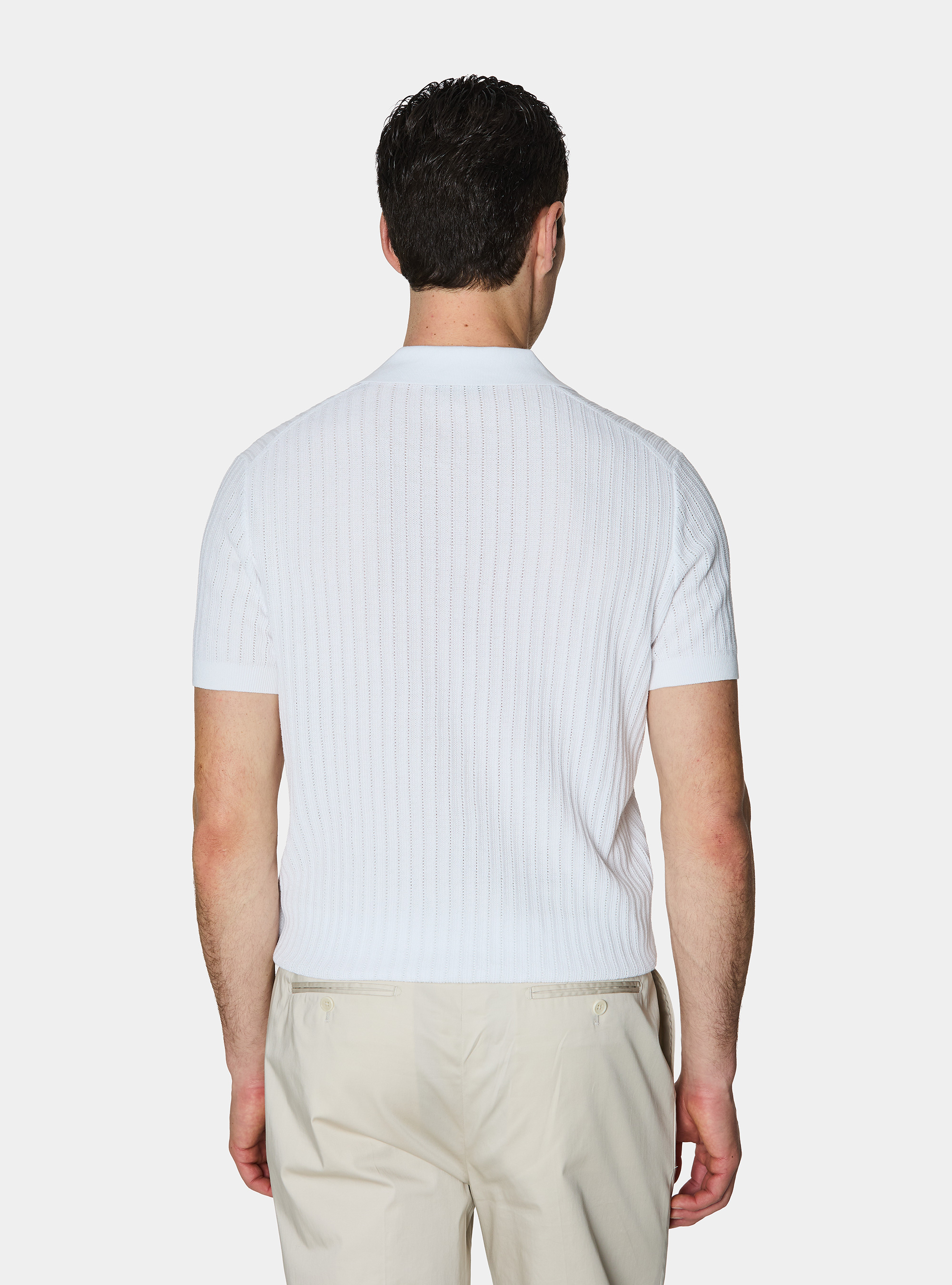 Perforated knit polo shirt without buttons in extra-fine cotton, WHITE