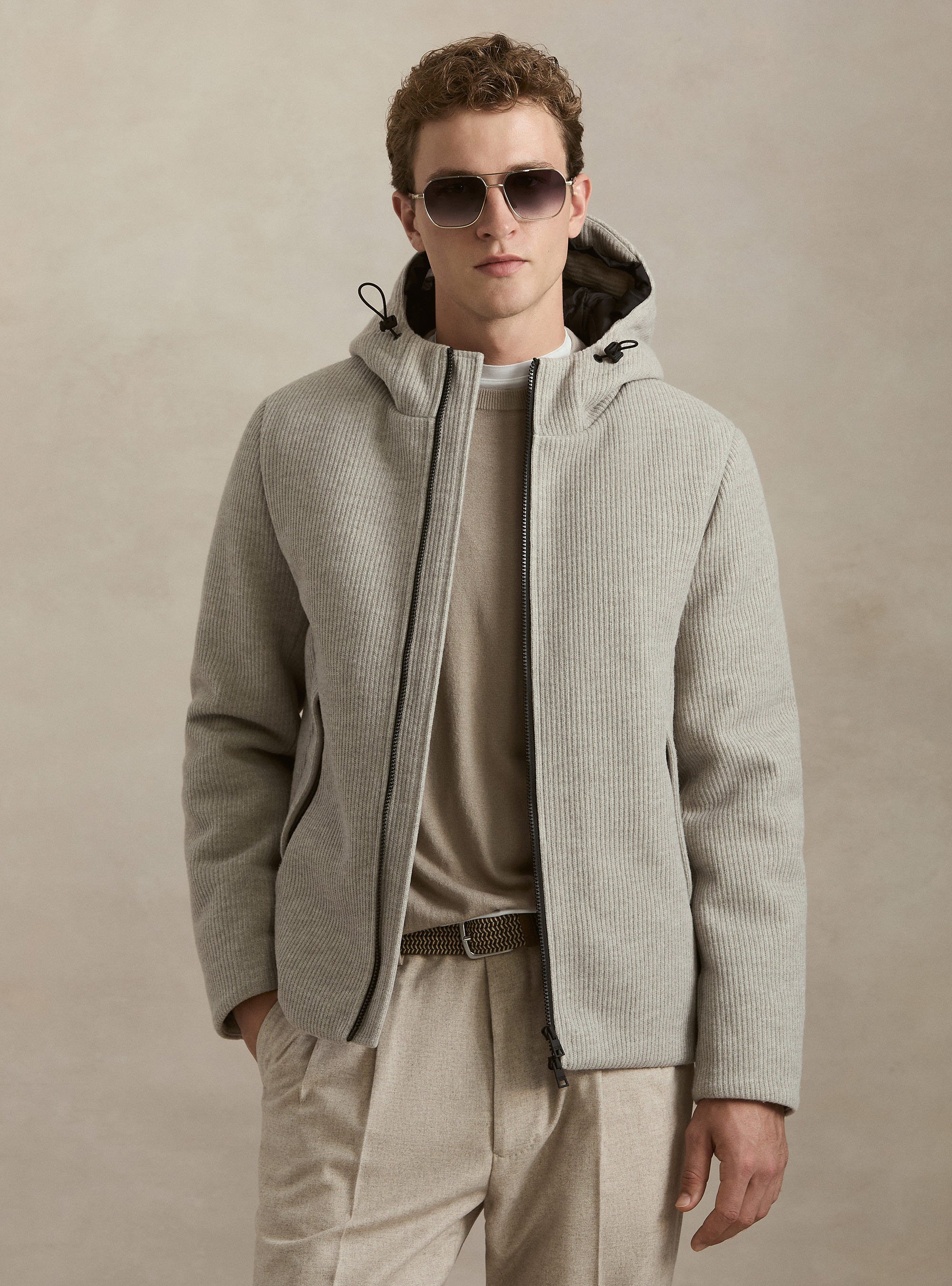 Ribbed hooded puffer jacket, ECRU