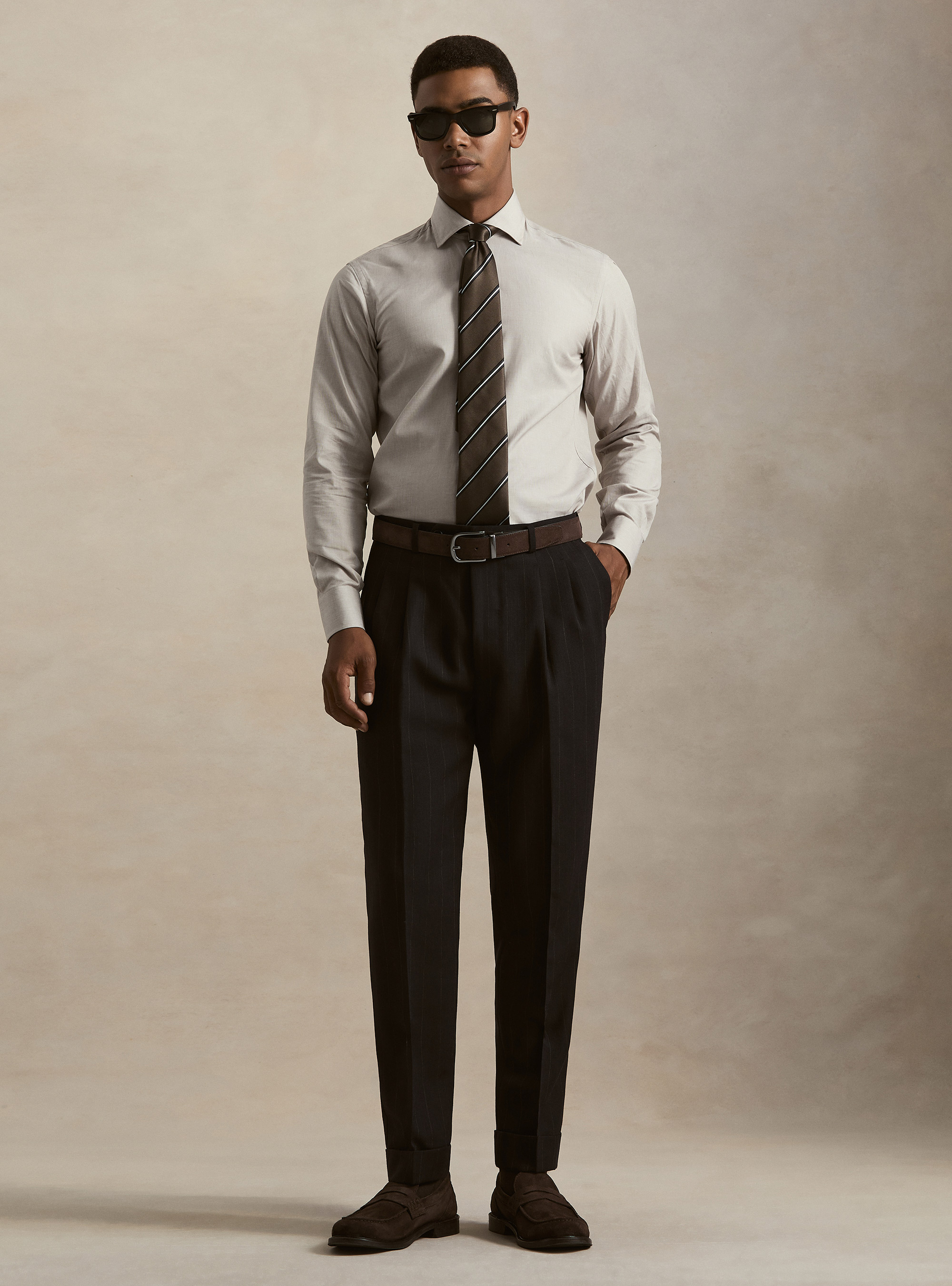 Herringbone pure wool pleated trousers, NAVY BLUE