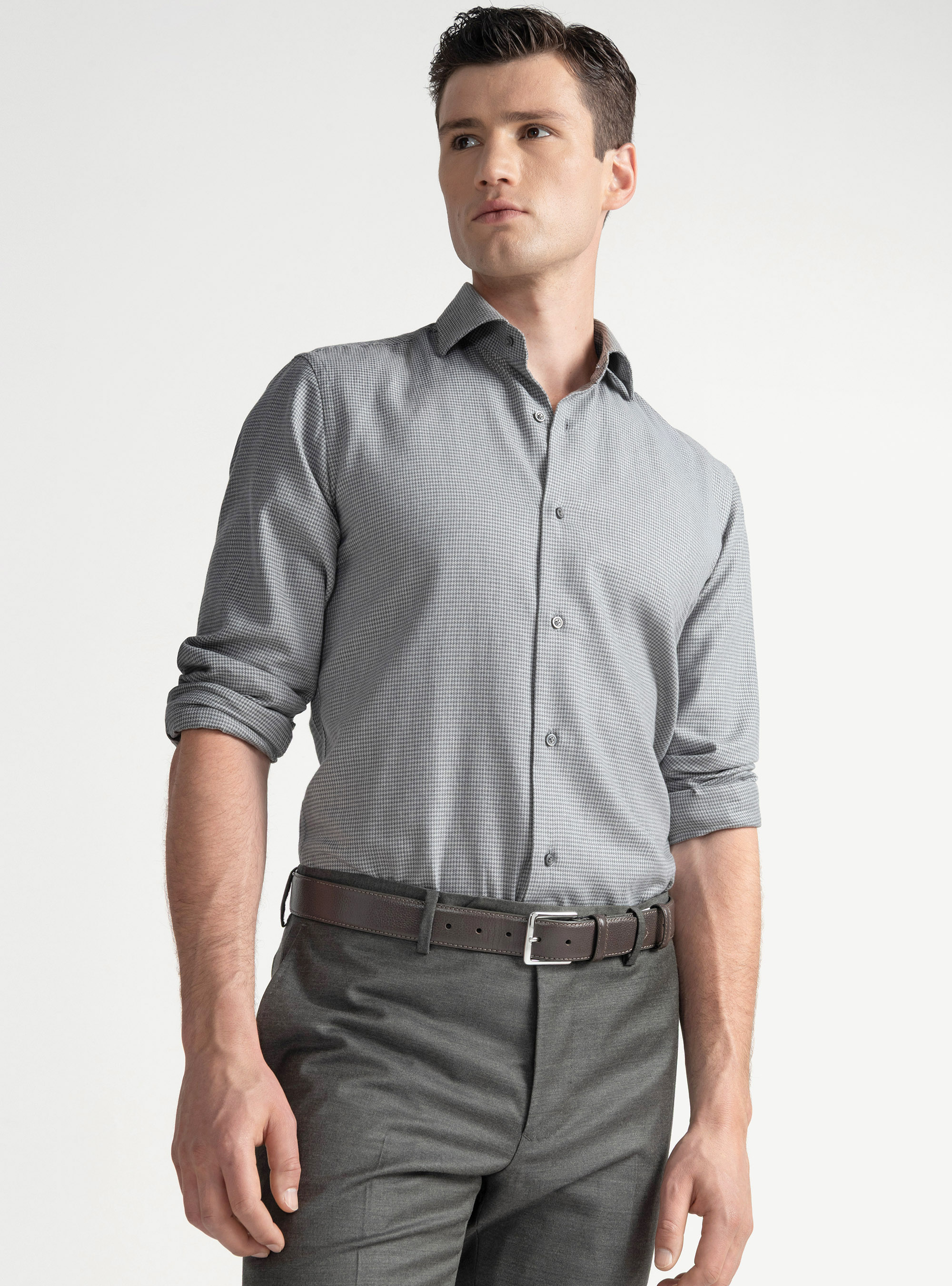 Camicia microfantasia in flanella di cotone e lana, GRIGIO CHIARO