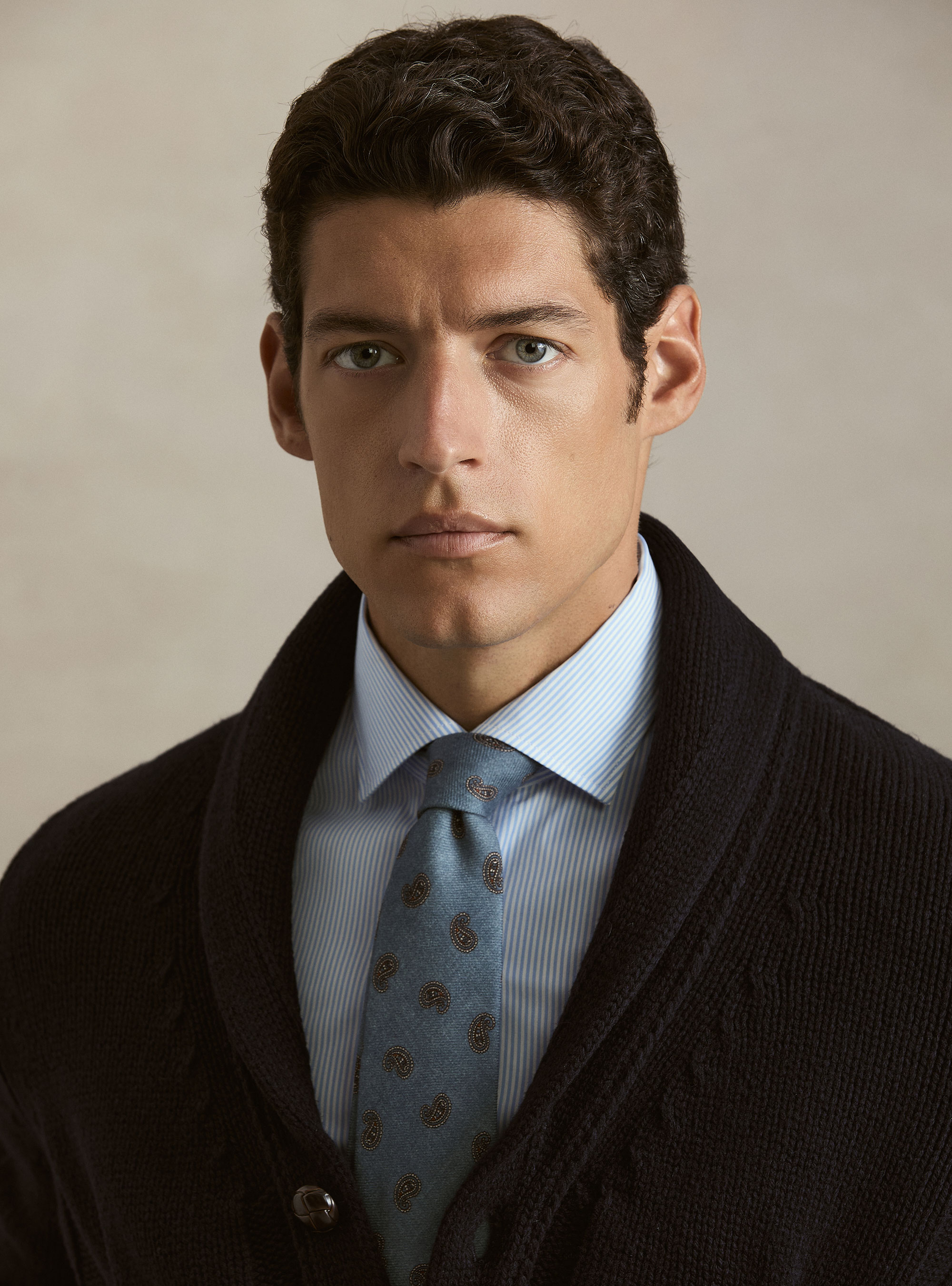 Cardigan sciallato con treccia in lana lambswool e cashmere, BLU NAVY