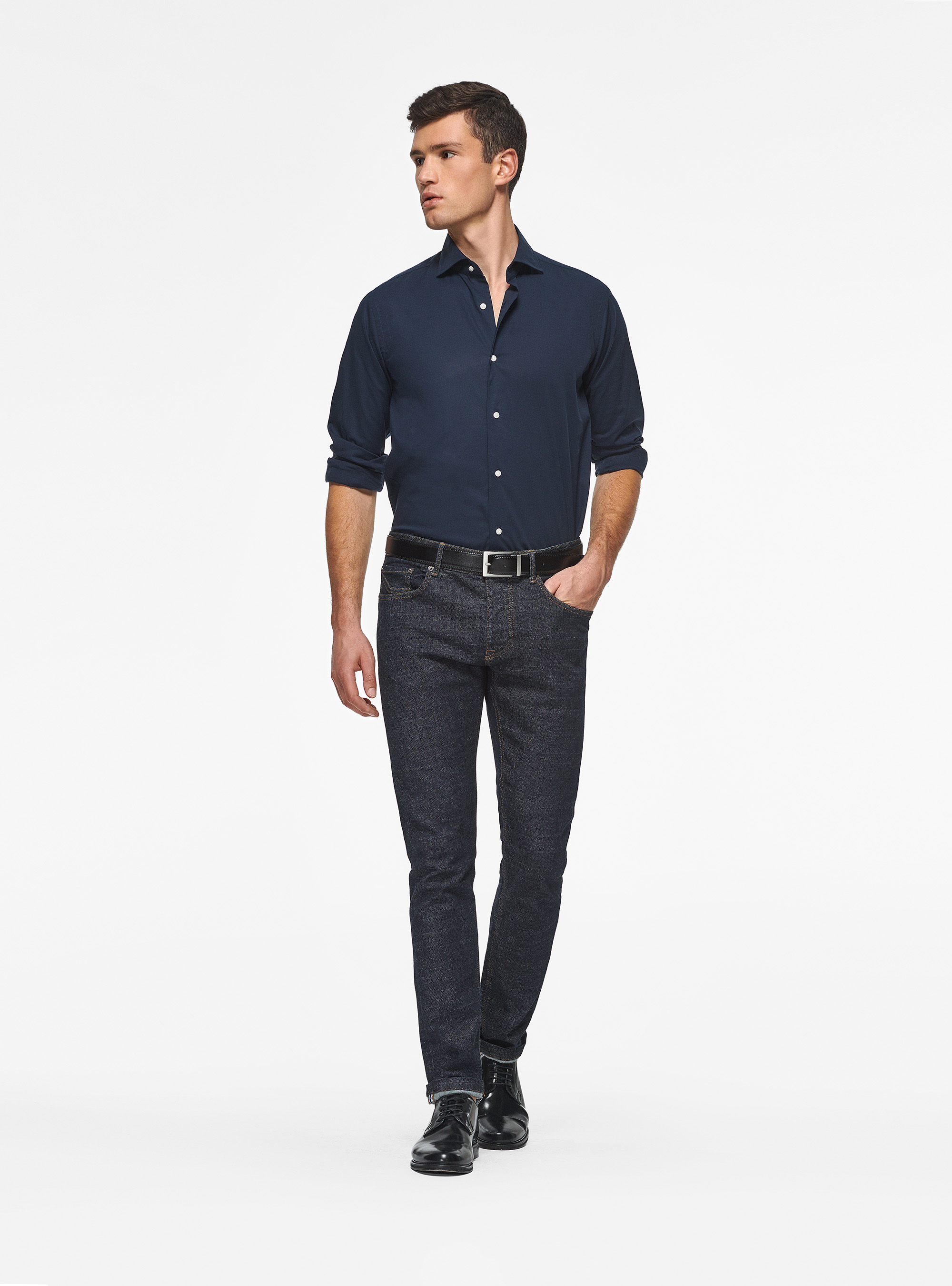 Stretch poplin shirt, NAVY BLUE