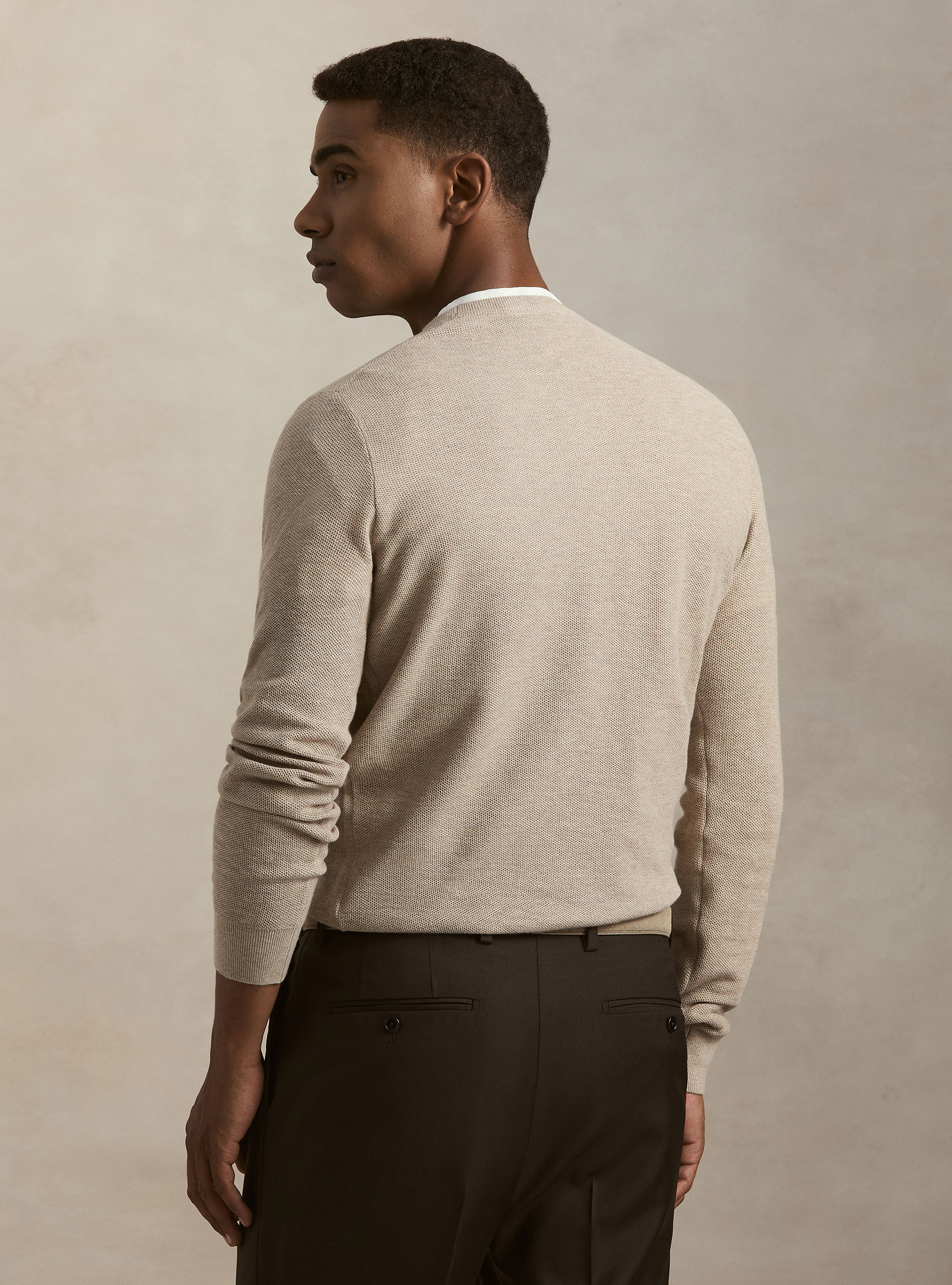 Pull col rond en coton et cachemire maille nid d'abeille, &Atilde; CRU