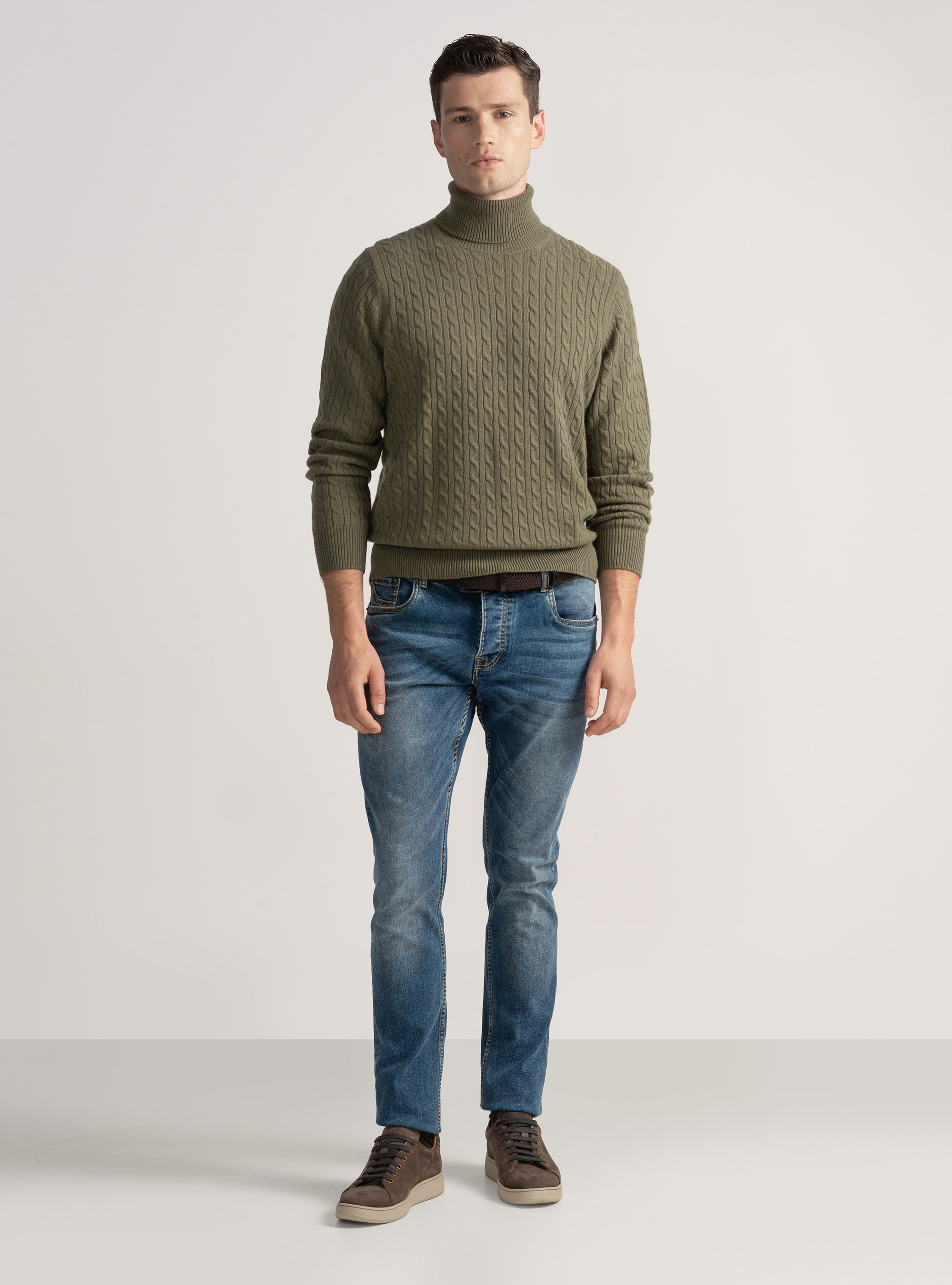 Maglia collo alto con treccia in lana cashmere, SALVIA 0602C