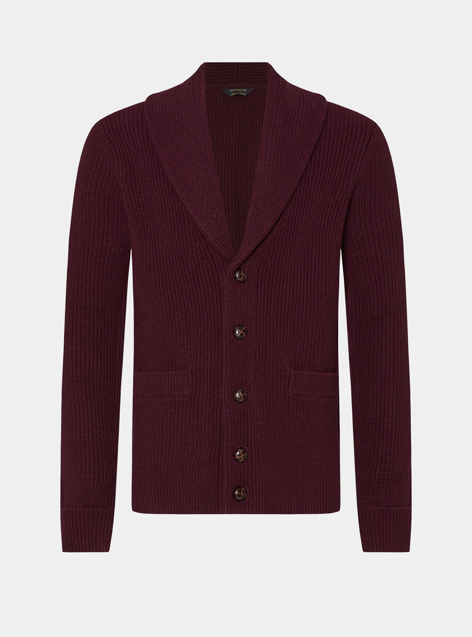 Cardigan in maglia sciallata in lana merino, BORDEAUX