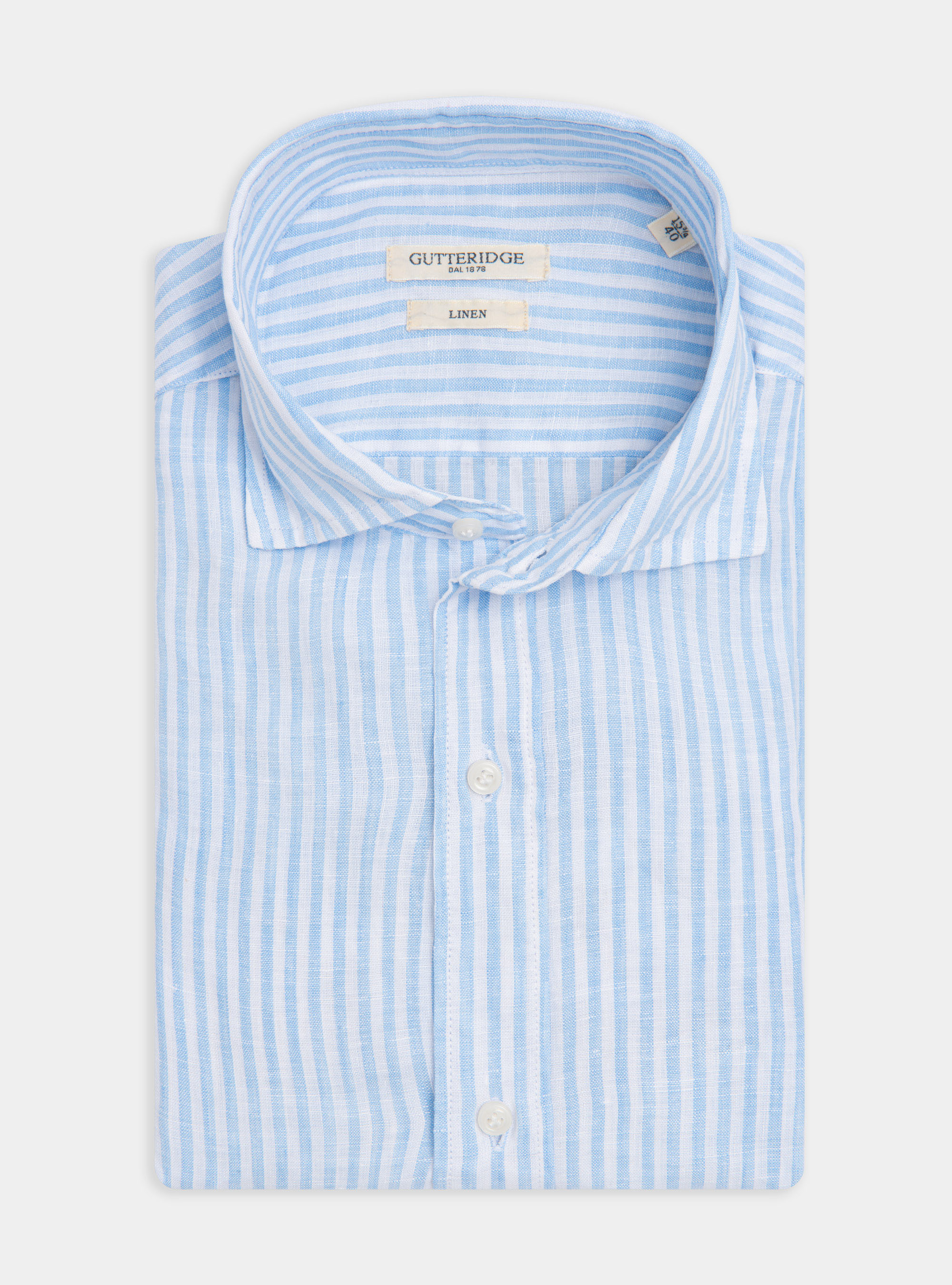 Camicia collo semi francese in puro lino rigato, AZZURRO