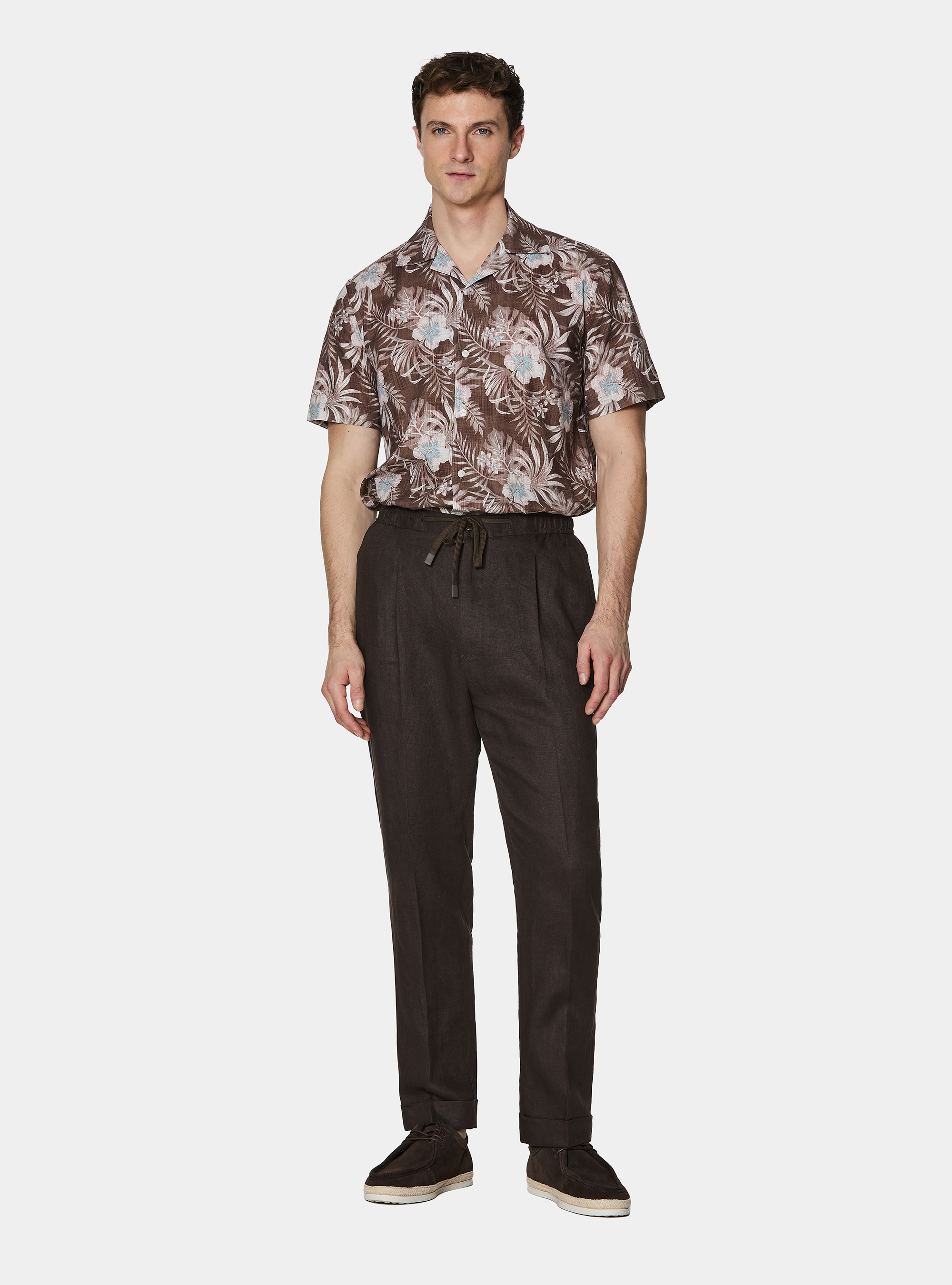 Camicia bowling in lino e cotone stampato, MARRONE