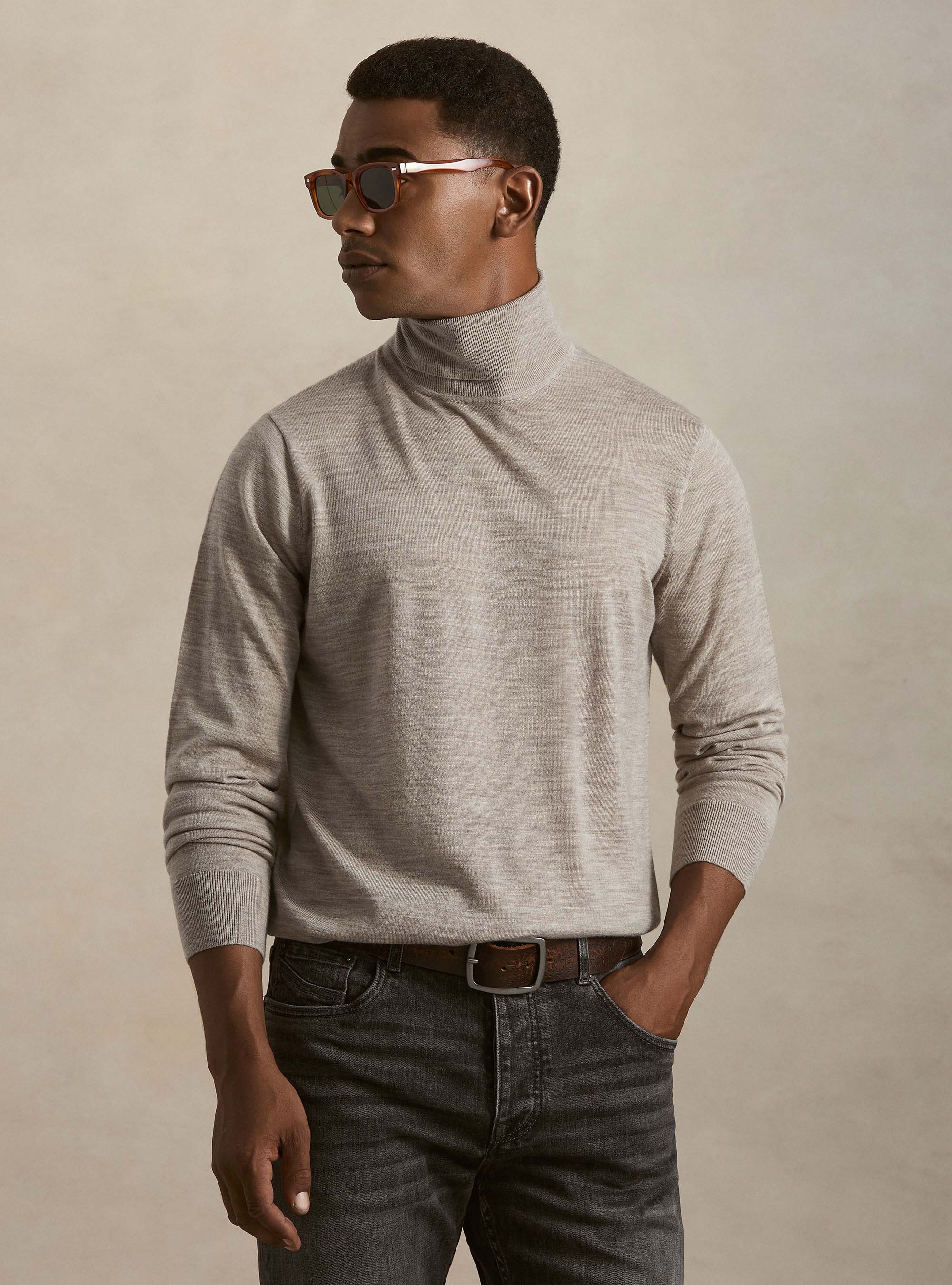 Rollkragenpullover aus reiner extrafeiner Merinowolle, SABBIA MELANGE 0564C