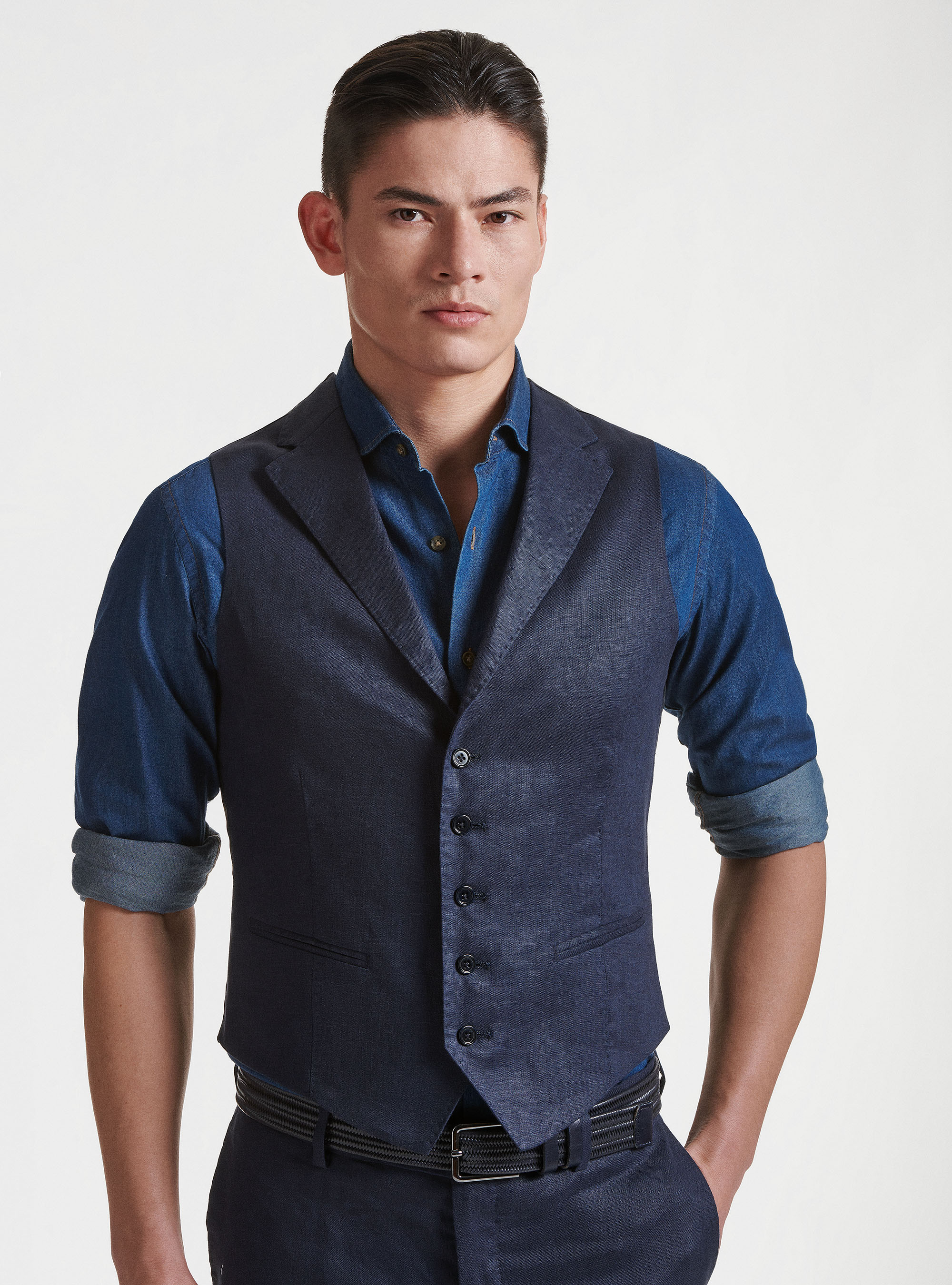 Pure linen single-breasted waistcoat with lapels, NAVY BLUE