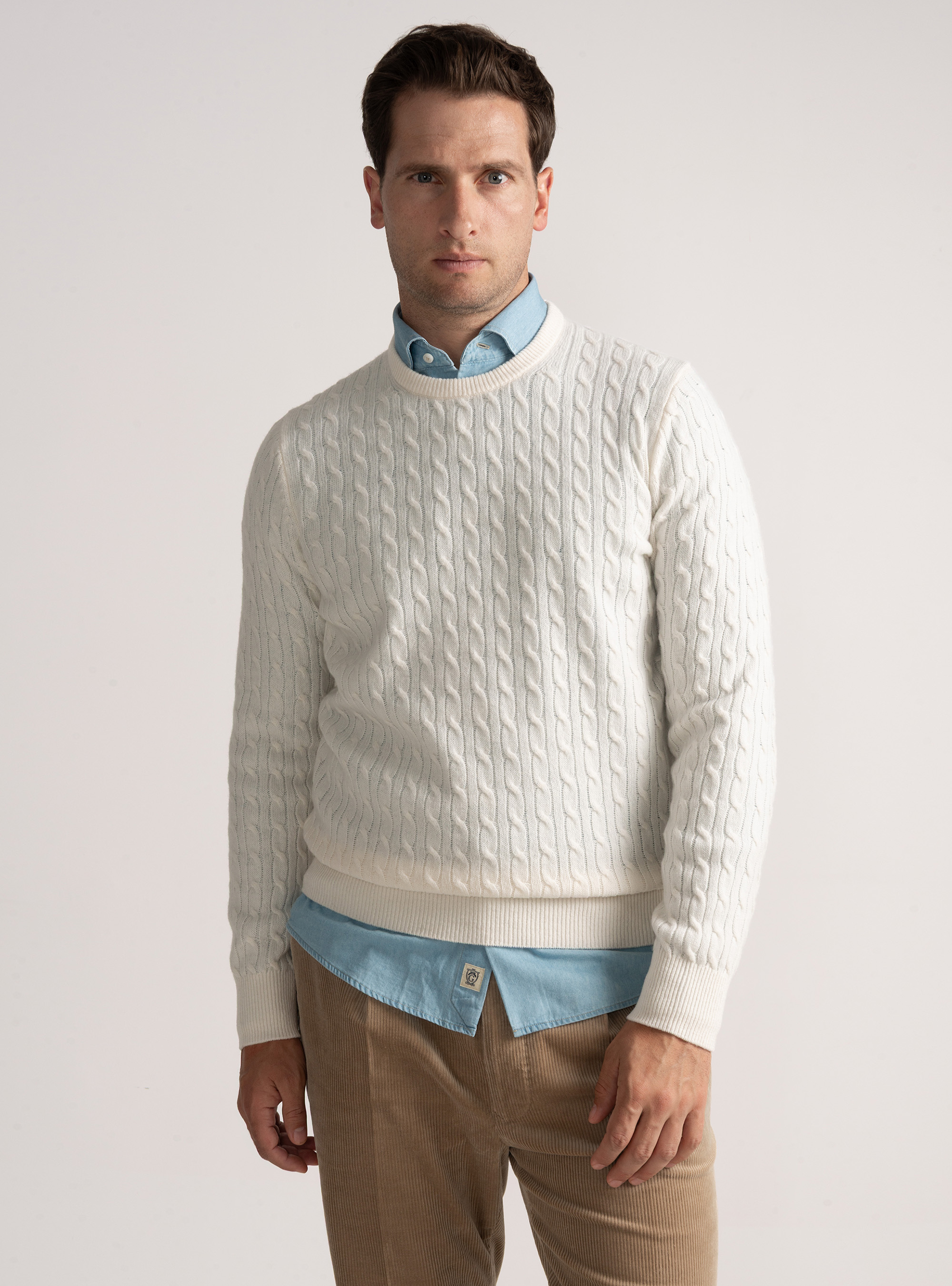 Cashmere wool crew-neck sweater with braid, WHITE