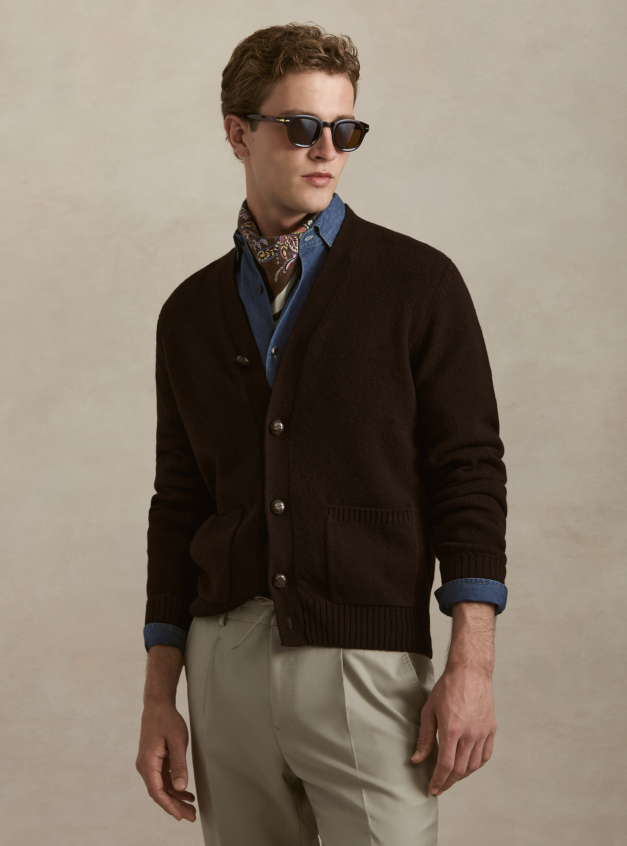 Shetland wool knitted cardigan, BROWN