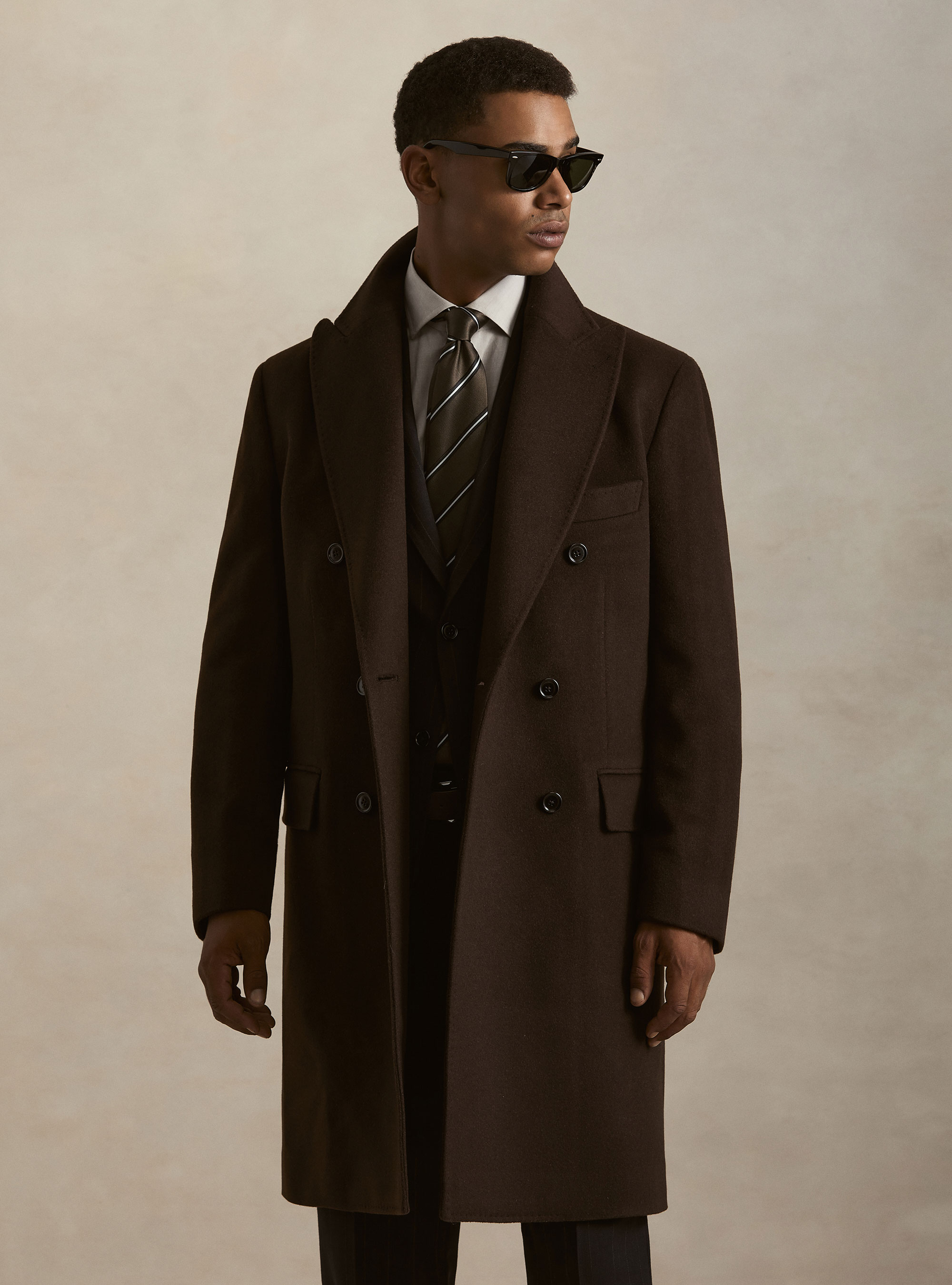 Double-breasted cashmere-blend coat, BROWN