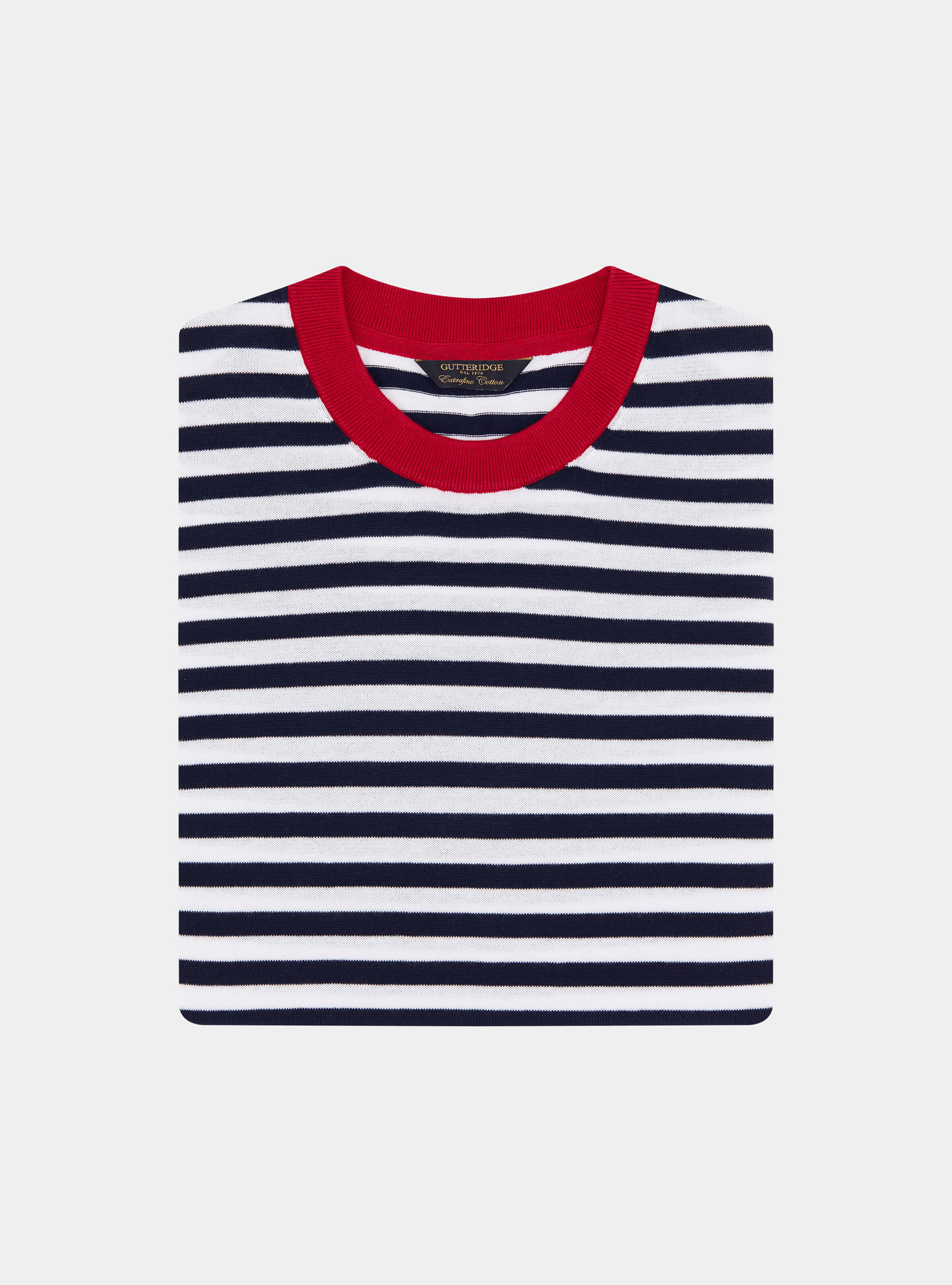 Rundhals-Pullover aus extrafeiner gestreifter Baumwolle, NAVY 0218C