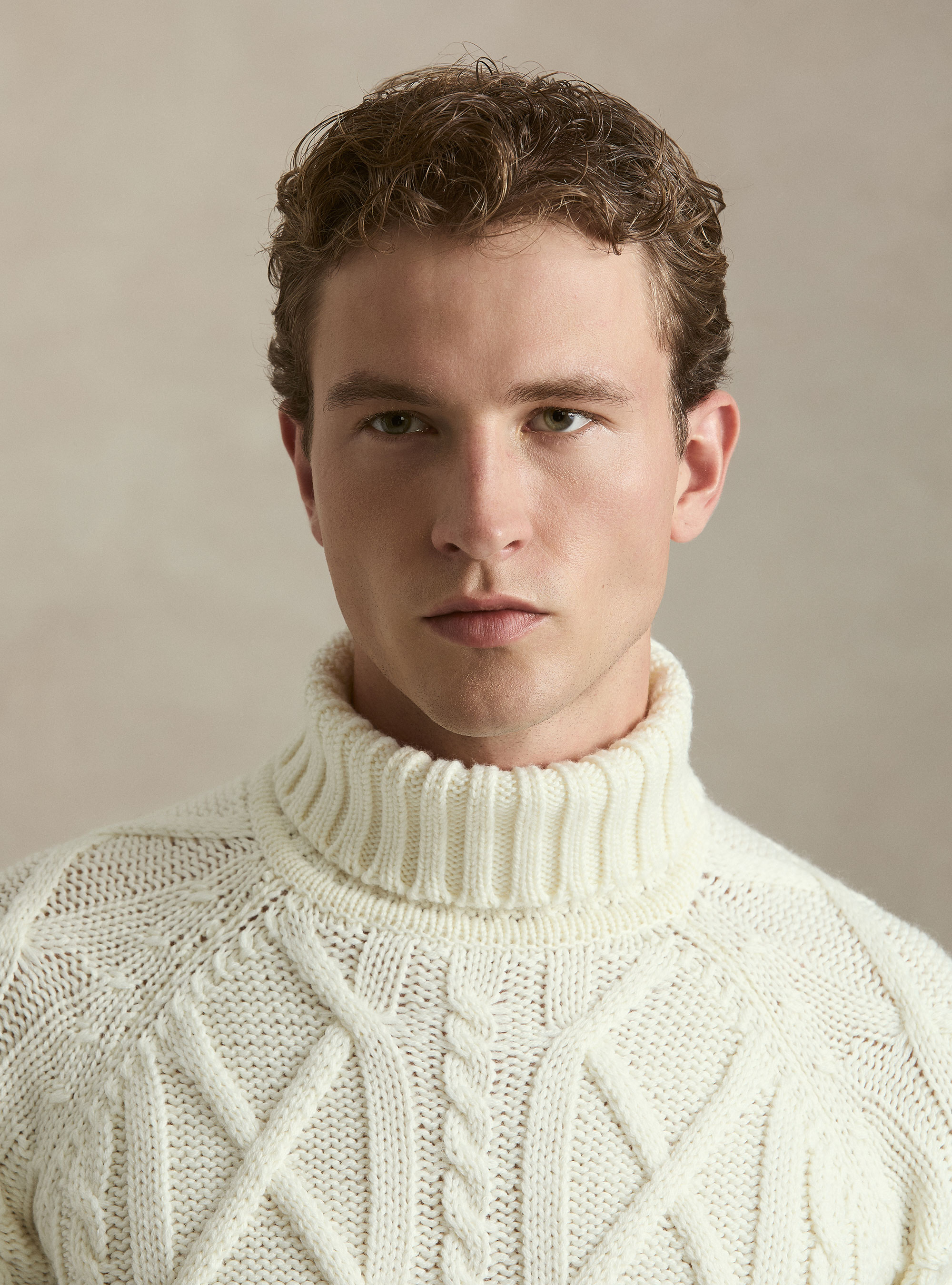 Cable Knit Wool Blend Turtleneck, WHITE