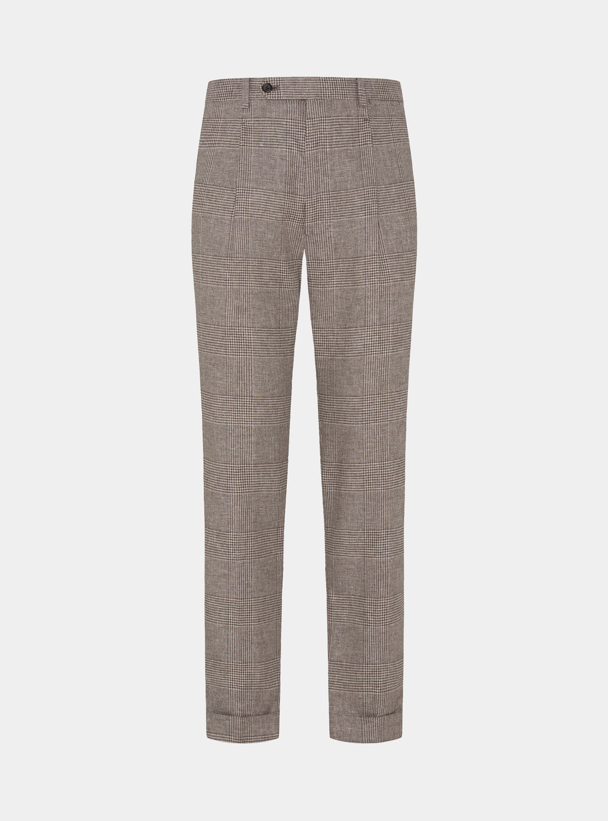 Patterned pants with pleats in linen and cotton, BROWN