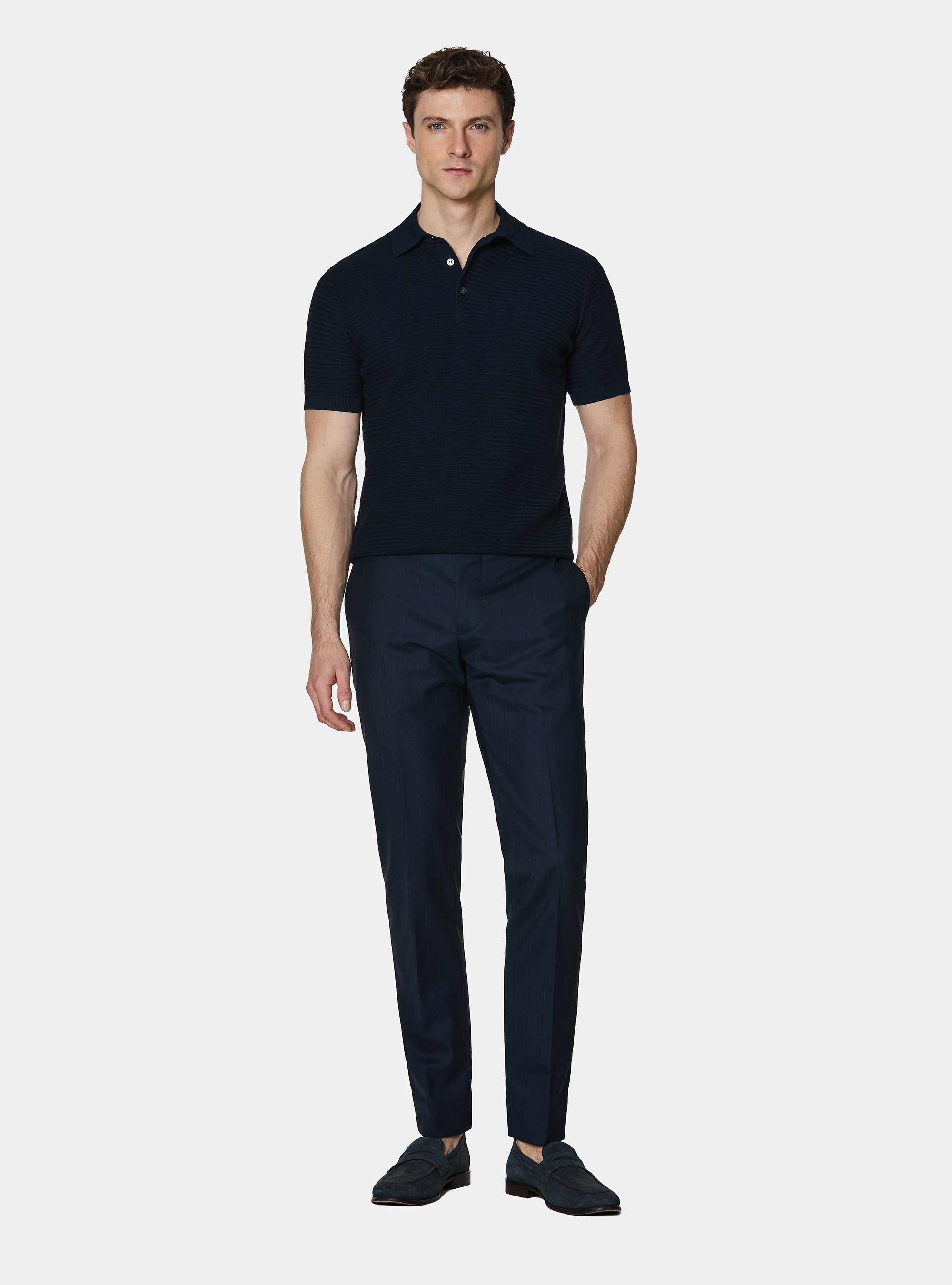 Polo en maille de coton textur&eacute;, BLEU MARINE