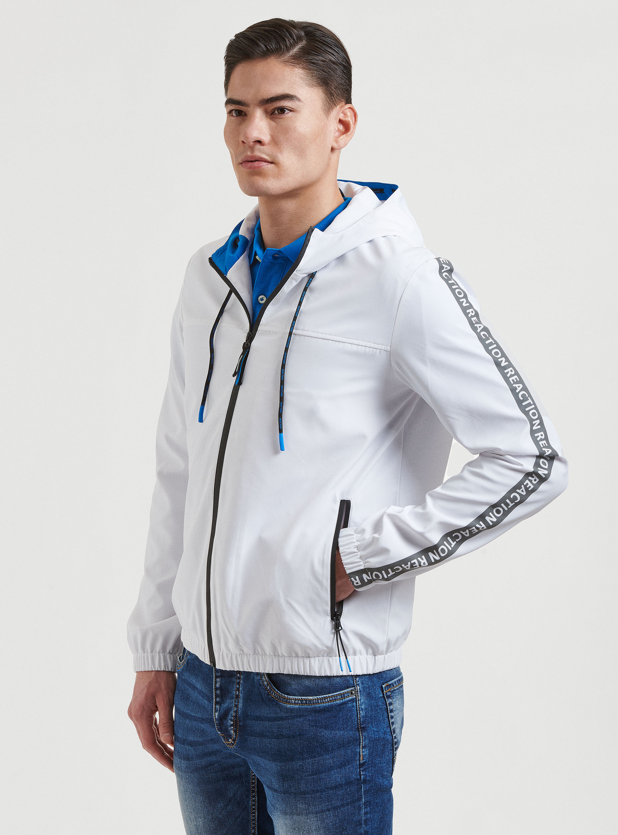 Technical jacket with reflective side bands, WHITE