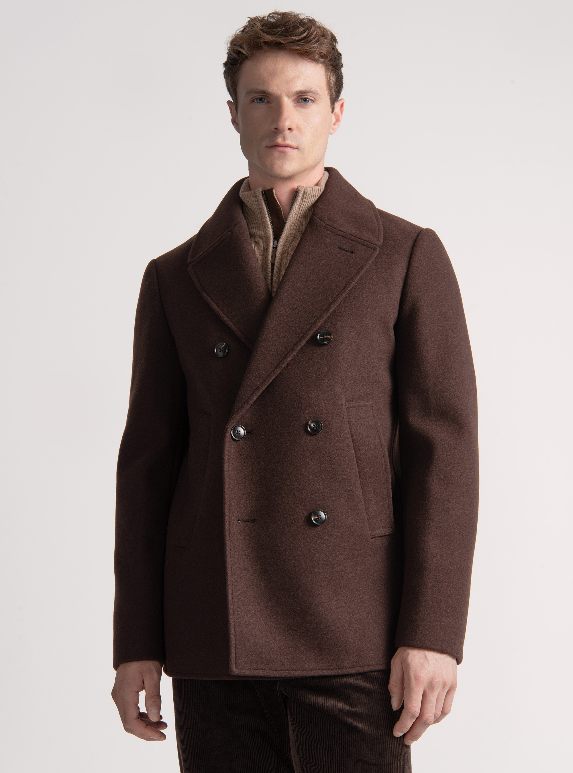 Solid-coloured peacoat, BROWN